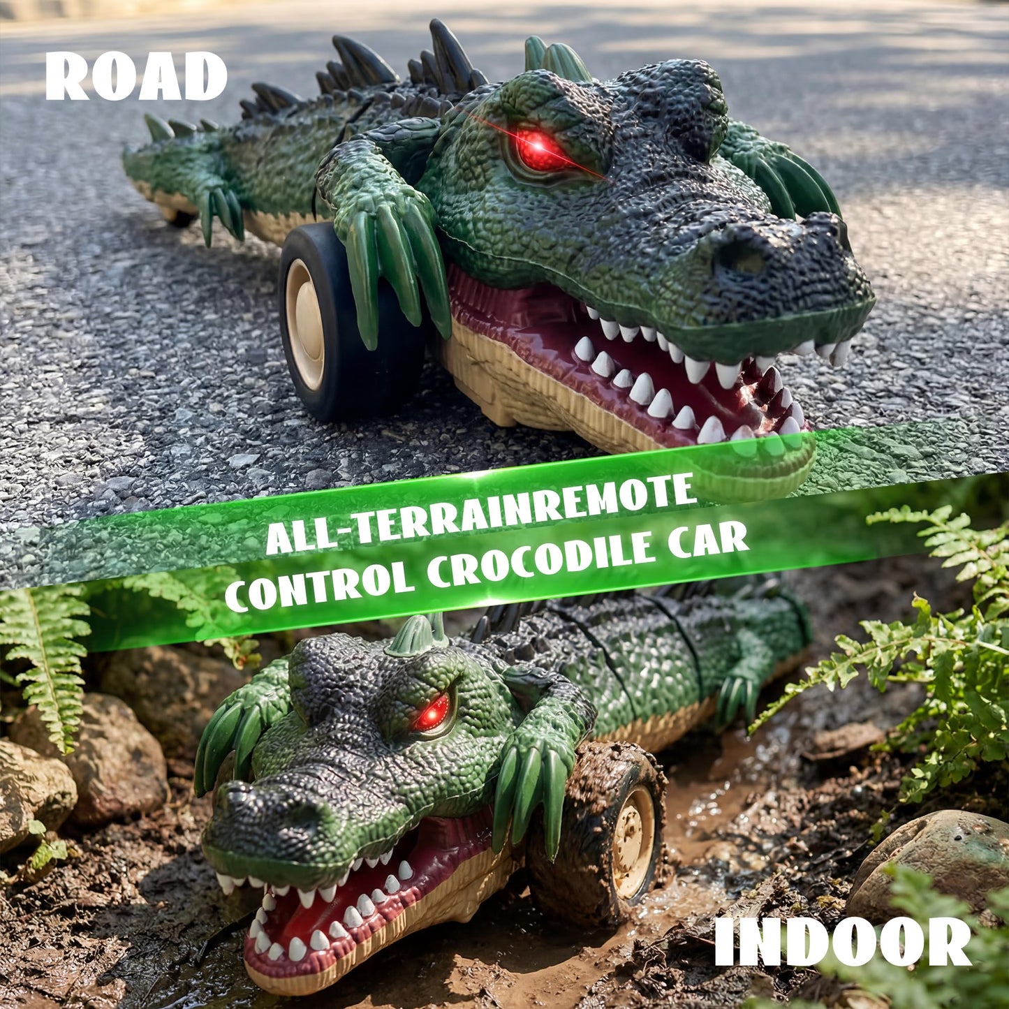 LEFEI Remote Control Crocodile Car Toy,2.4Ghz RC Toy Cars,Boys 3-12 Year Old,360°Rolling Turns & Slides with Lights Cool Outdoor Toys Birthday Gifts Xmas Gifts (Green)