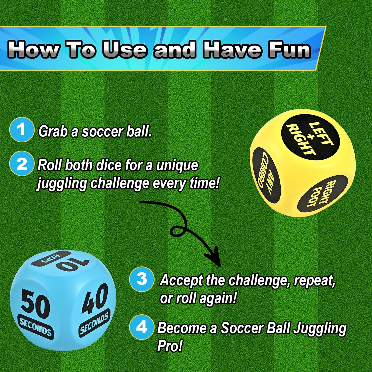 Soccer Training Dice Set - 2 Pack Ideal Soccer Gifts for Boys 8-12, Girls, Teams & Coaching Drills - Practice Equipment with Action & Time Challenge Mode - Fun Sports Games for Kids