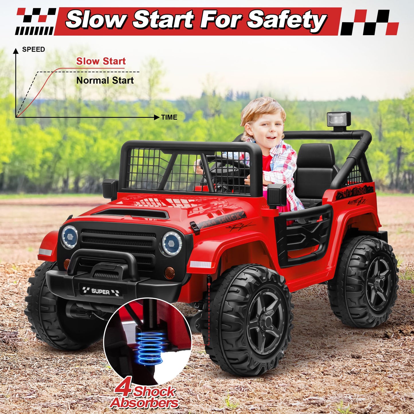 ANRLI 24V XL Ride on Car with Remote Control, 2 Seater 4WD/2WD Switchable Electric Car for Kids w/20 Inch Wide Seat, Gift Flower, 4X200W Power Car Wheels 24 Volt Big Trucks for Boys Girls, Red