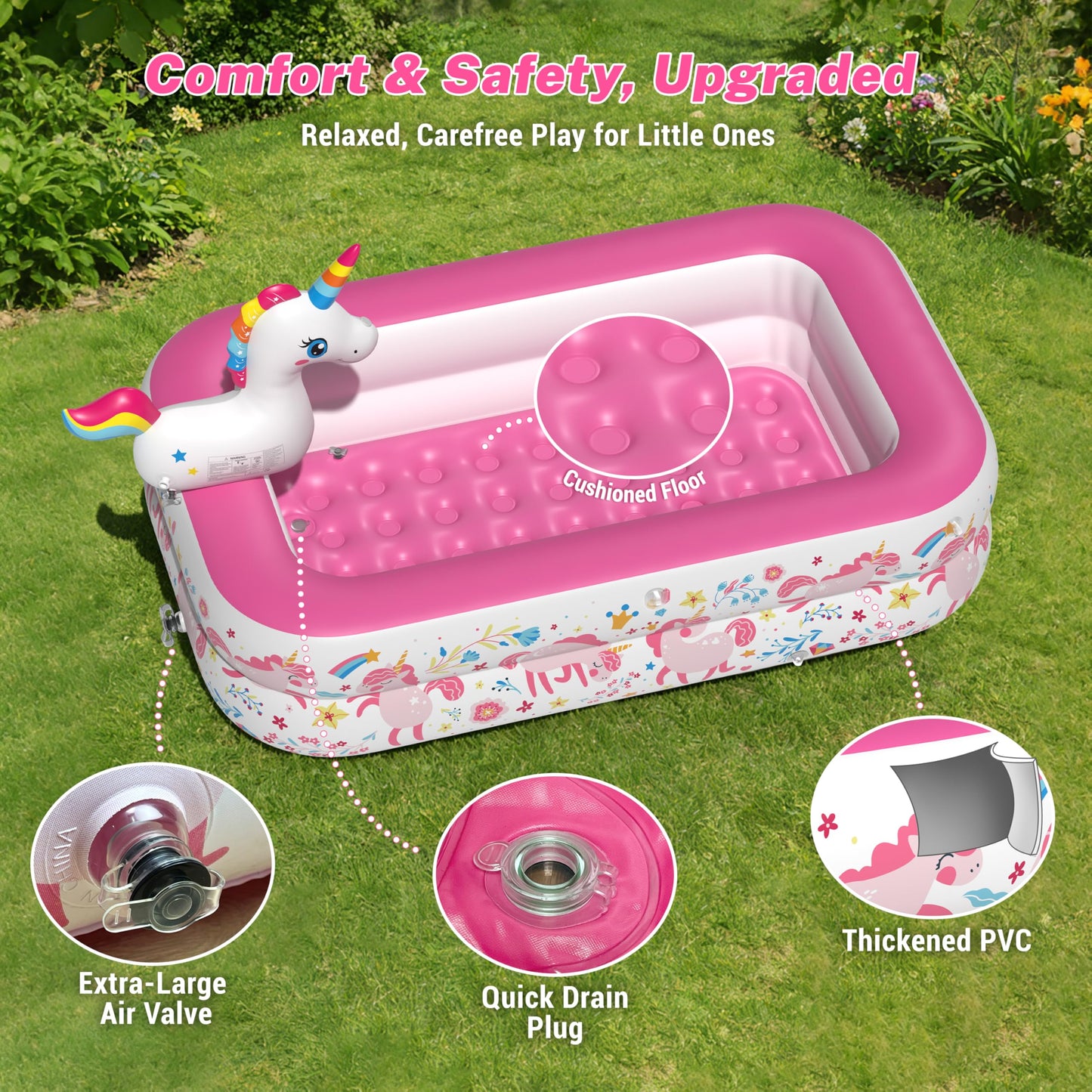 JOSEN Unicorn Kiddie Pool with Canopy and Sprinkler, Inflatable Baby Pool with Soft Cushioned Floor, Portable Toddler Blow Up Pool Ball Pit for Backyard, Outdoor/Indoor Play Toys