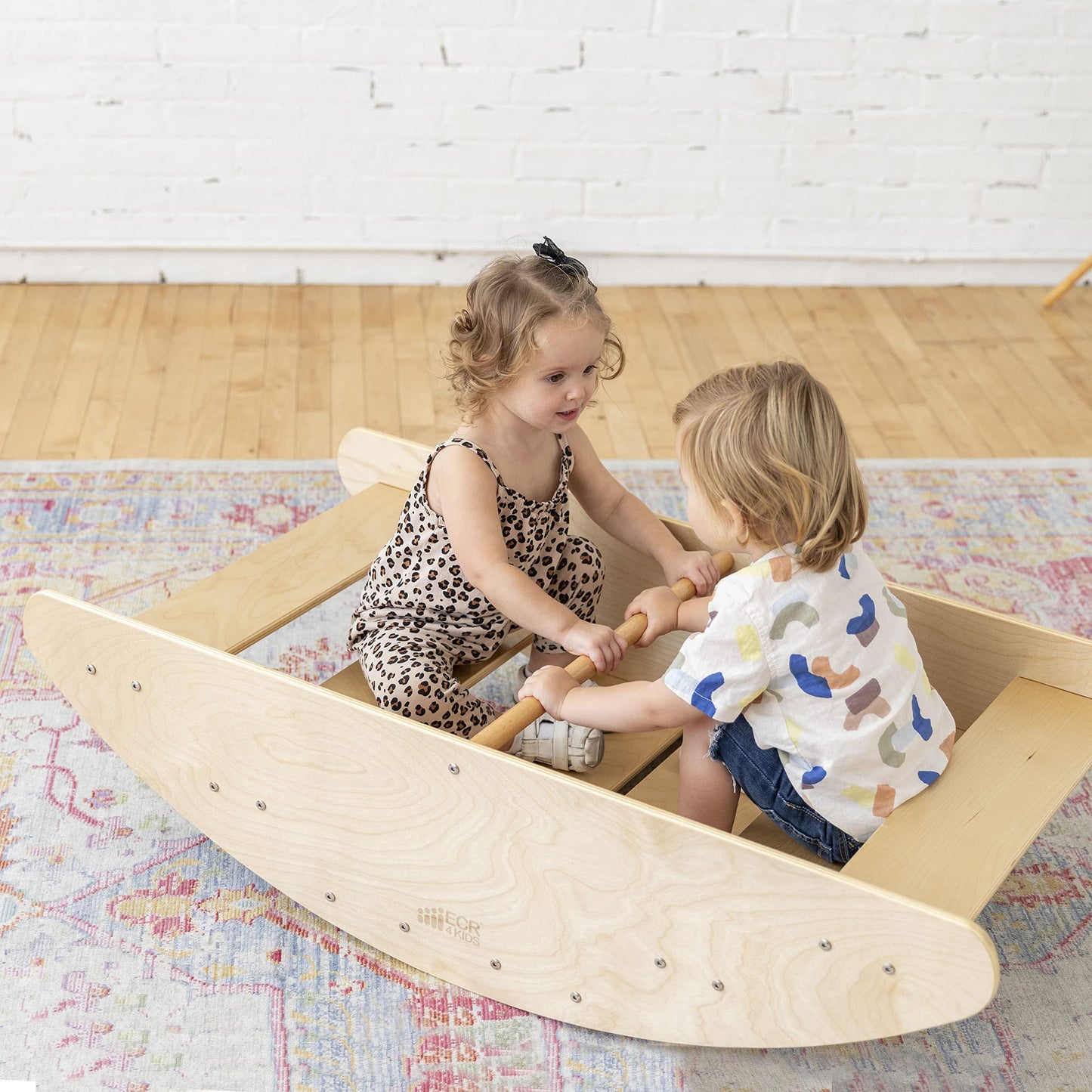 ECR4Kids Rocking Boat and Steps 2-in-1 Wooden Play Center, Montessori Furniture, Natural