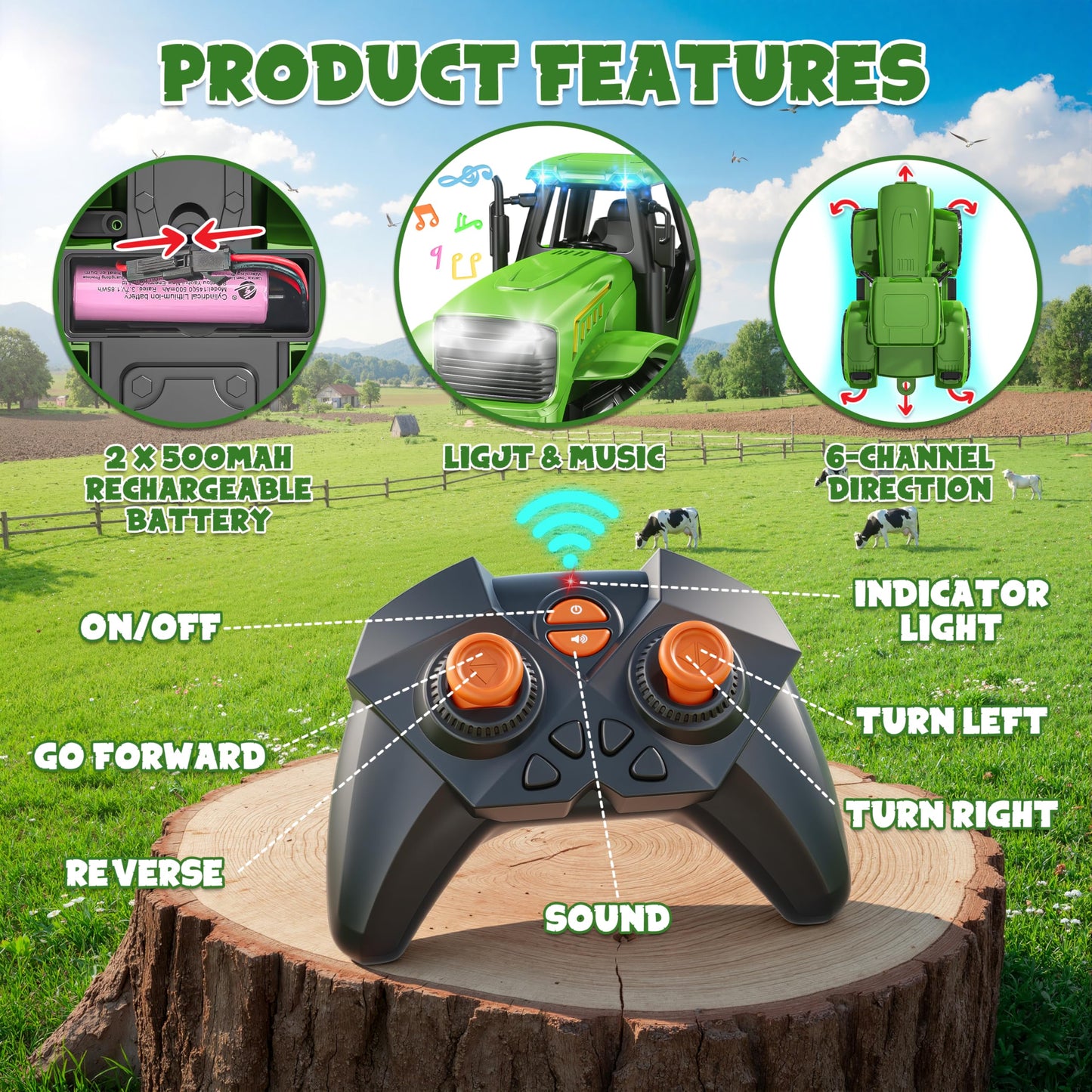 Funwee RC Farm Tractor Toy w/Light & Music, Kids Trailer Toy w/Front Loader & Farm Animal, 2.4GHz RC Tractor Truck Car for Boys & Girls, Toddler Vehicle Playset Age 3-8+ Year Old Gifts (Green)