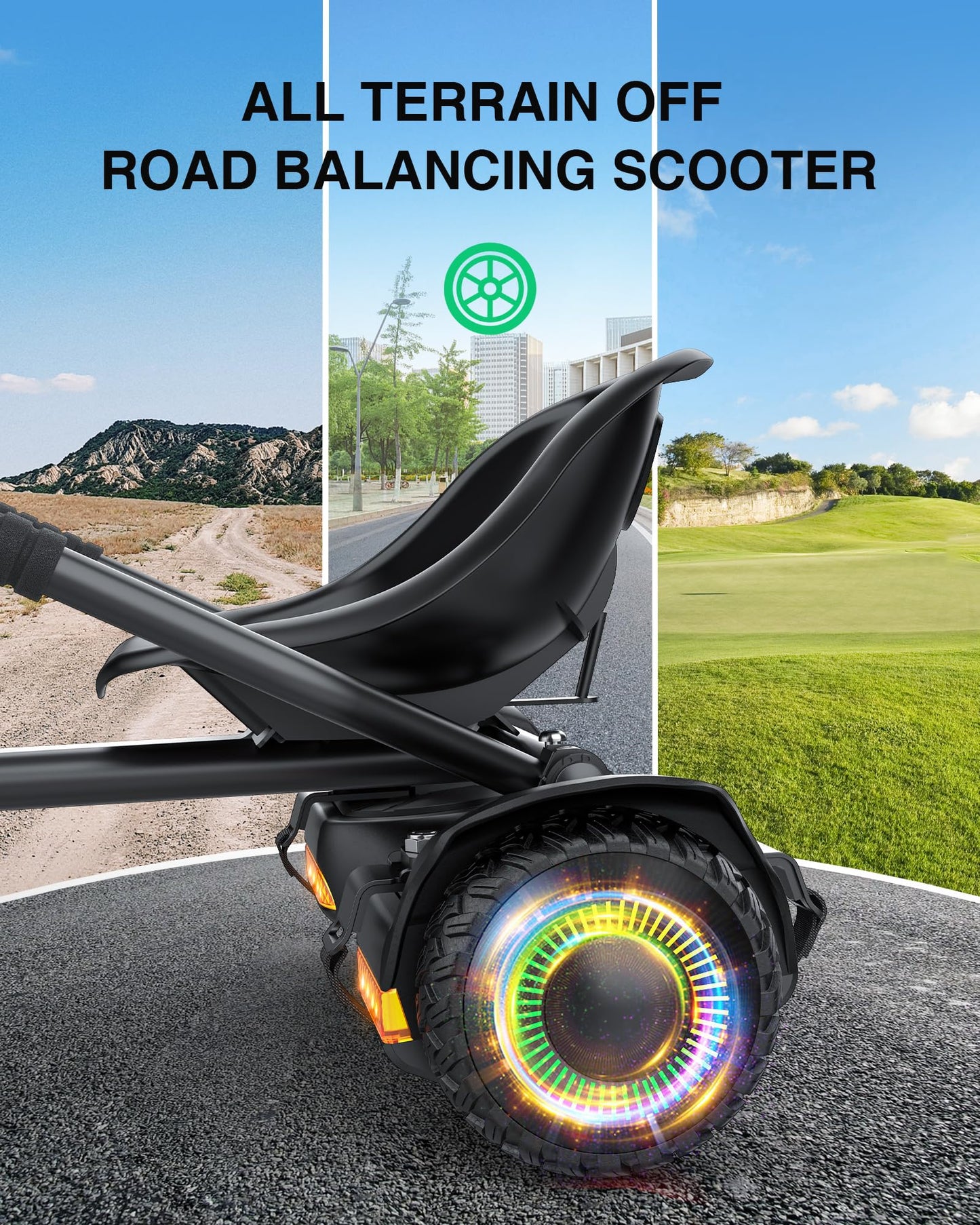 Gyroor Scooter with Adjustable Seat Attachment, 6.5" All-Terrain Self Balancing Scooter, LED Lights & Bluetooth for Kids and Adults, Black