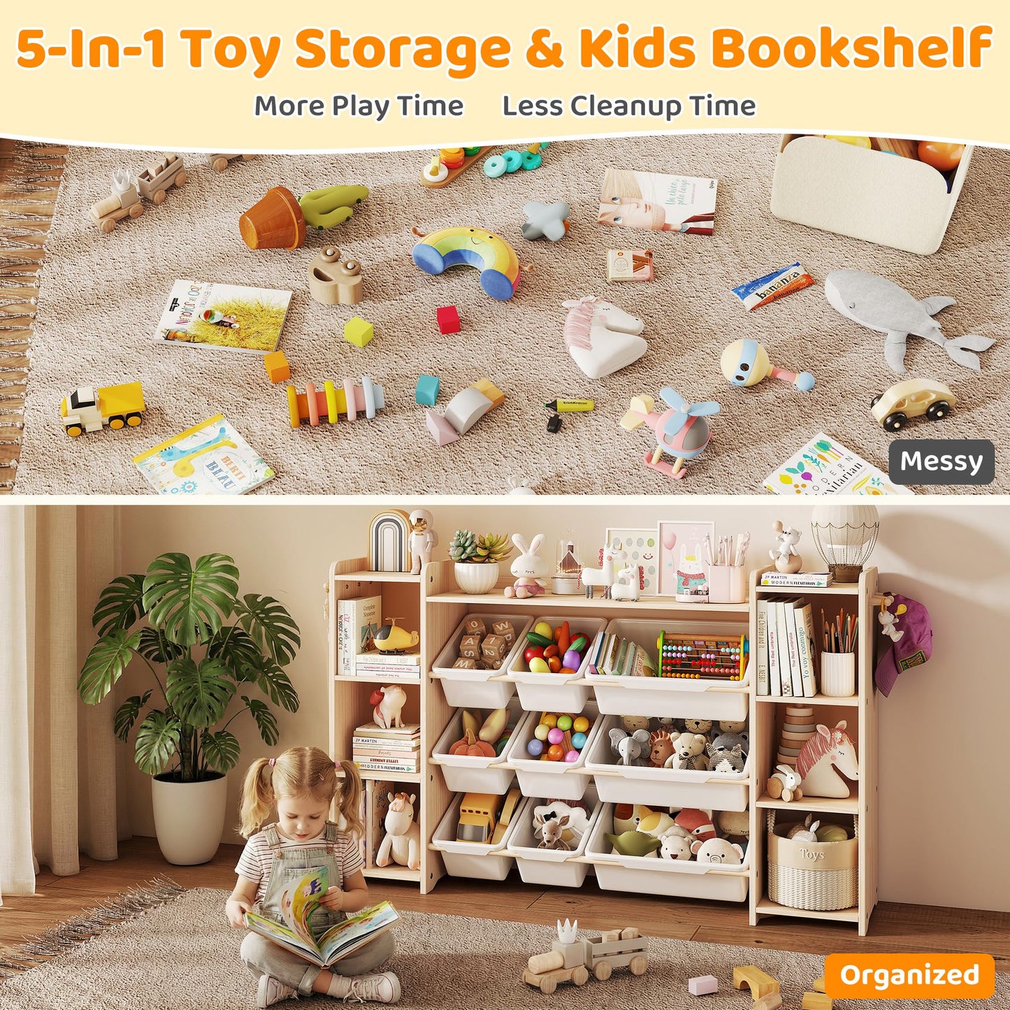 GITAWUSA Toy Storage Organizer, Kids Bookshelf with 6 Shelves, 9 Toy Bins & 6 Hooks | Toy Shelf, Storage Bin Unit, Toy Organization for Playroom, Nursery, Bedroom, Toddler Room | Wood & White