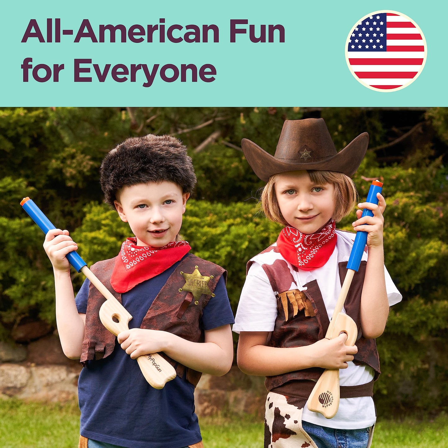 Blue Toy Pop Gun for Kids-Wooden Toy Guns for Boys 3-12 Yrs-Fake Handgun with Sturdy Wood Finish & Durable Silicone Stopper-Fun Hand Rifles & Pistol Toys for Small & Big Kid Play-Made in The USA