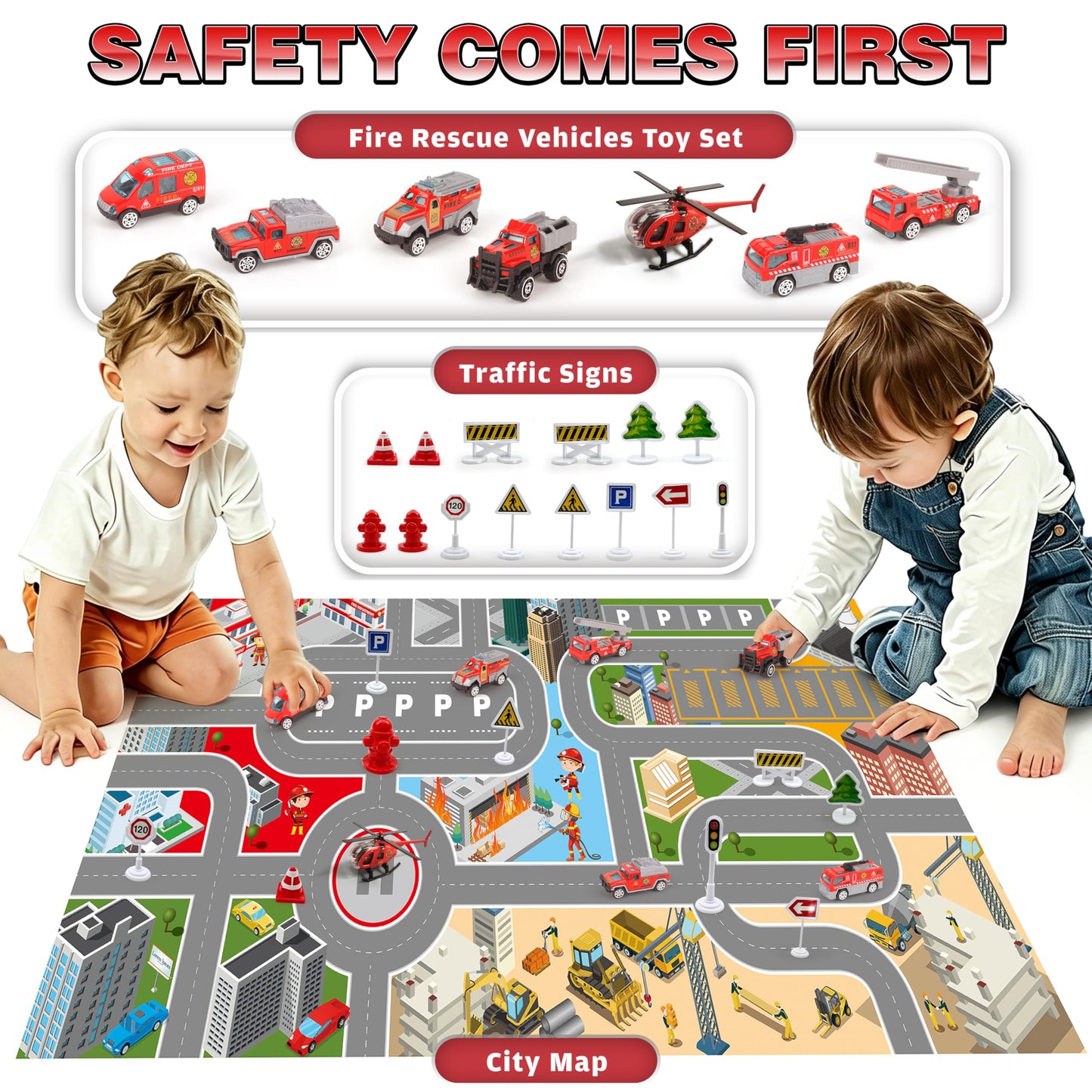 Transport Airplane Toy with 7 Rescue Vehicles/helicopter,1 Play Mat,14 Road Signs,Dual Form Airplane Toy Set with Lights and Sounds,Automatic Propellers, Cars Ejection, Gift for Boys and Girls Age 3+