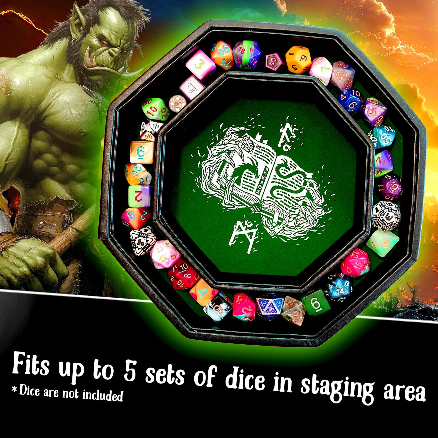 Fantasydice Green Fire Dragon Dice Tray with Wizard Book Print – 9" Octagon with Dice Staging Area, Holds 5 Dice Sets – Ideal for Tabletop RPGs and Board Games