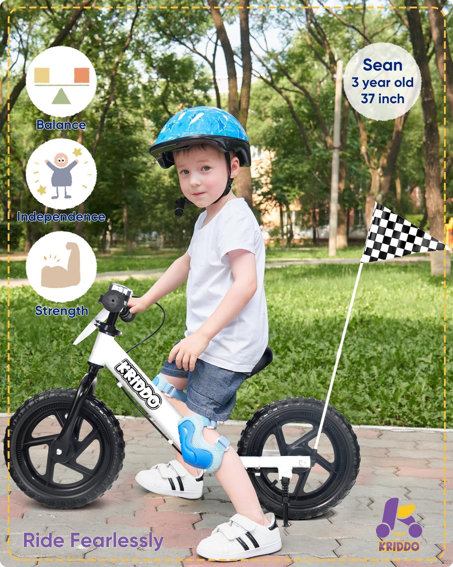 KRIDDO Pro Toddler Balance Bike 2+ Year Old with Hand Brake and Kickstand, 12 Inch Push Bicycle, Gift Bike for 2-5 Boys Girls, White