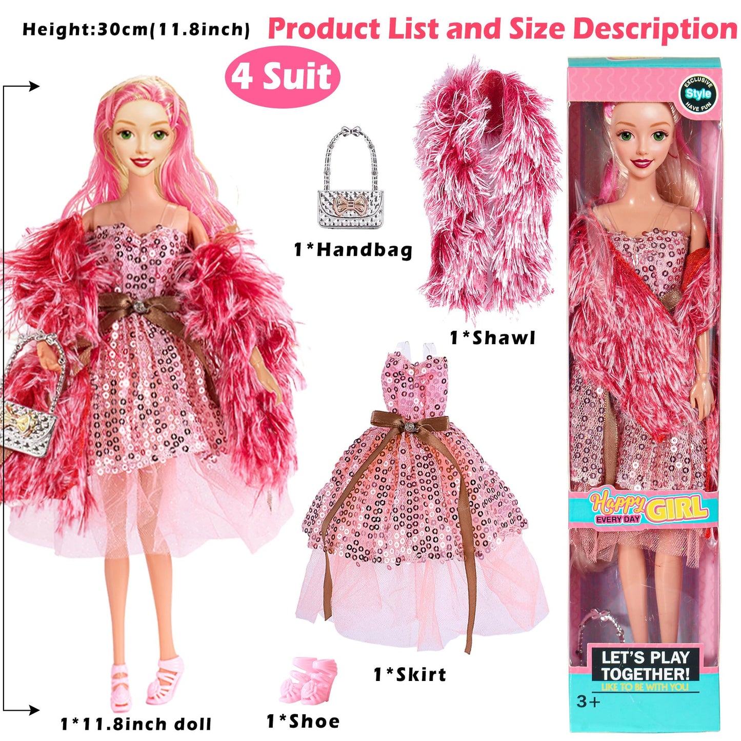 iBayda 6 Pack Fashion 11.5 inch American Toy Prinecess Dolls Playset with Outfits Dress Design and Accessories Like Handbag Hat Crown Necklace Suitcase (Gift Box Package)