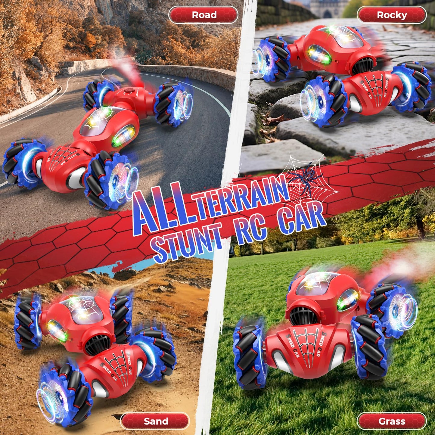 Fosgoit Spider Remote Control Car Toys for 6-12 Boys Girls, Birthday Gifts for Kids, 2.4Ghz 4WD Gesture Sensing RC Stunt Car with Light & Music & Spray, Double-Sided 360° Rotating Hand Control