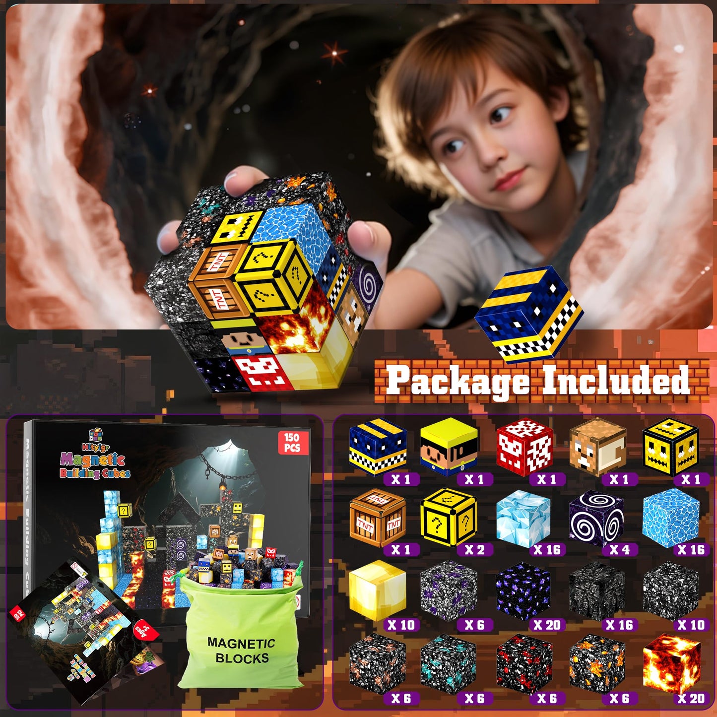 Hltyigr 150PCS Magnetic Blocks-Magnetic Building Blocks Magnet Toys Set Stacking Cave World with Magnet Construction Toys STEM Sensory Gift for Kids Toddlers Boys & Girls Birthday Gifts Ages 3+