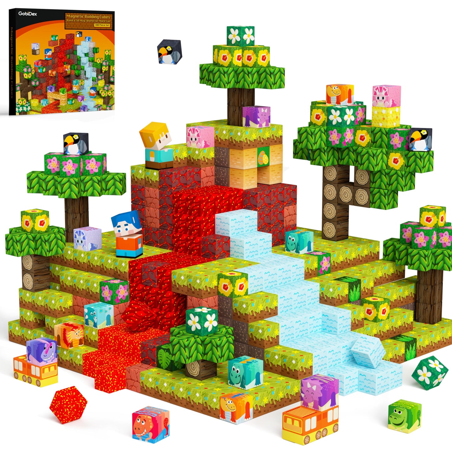 GobiDex Large Size Magnetic Building Blocks Volcano Dinosaur Set for Toddler, 100PCS Sensory STEM Toys for Kids Ages 3-5 5-7 4-8, Birthday Gifts for 3+ Year Old Boys Girls Kids (1 inch)