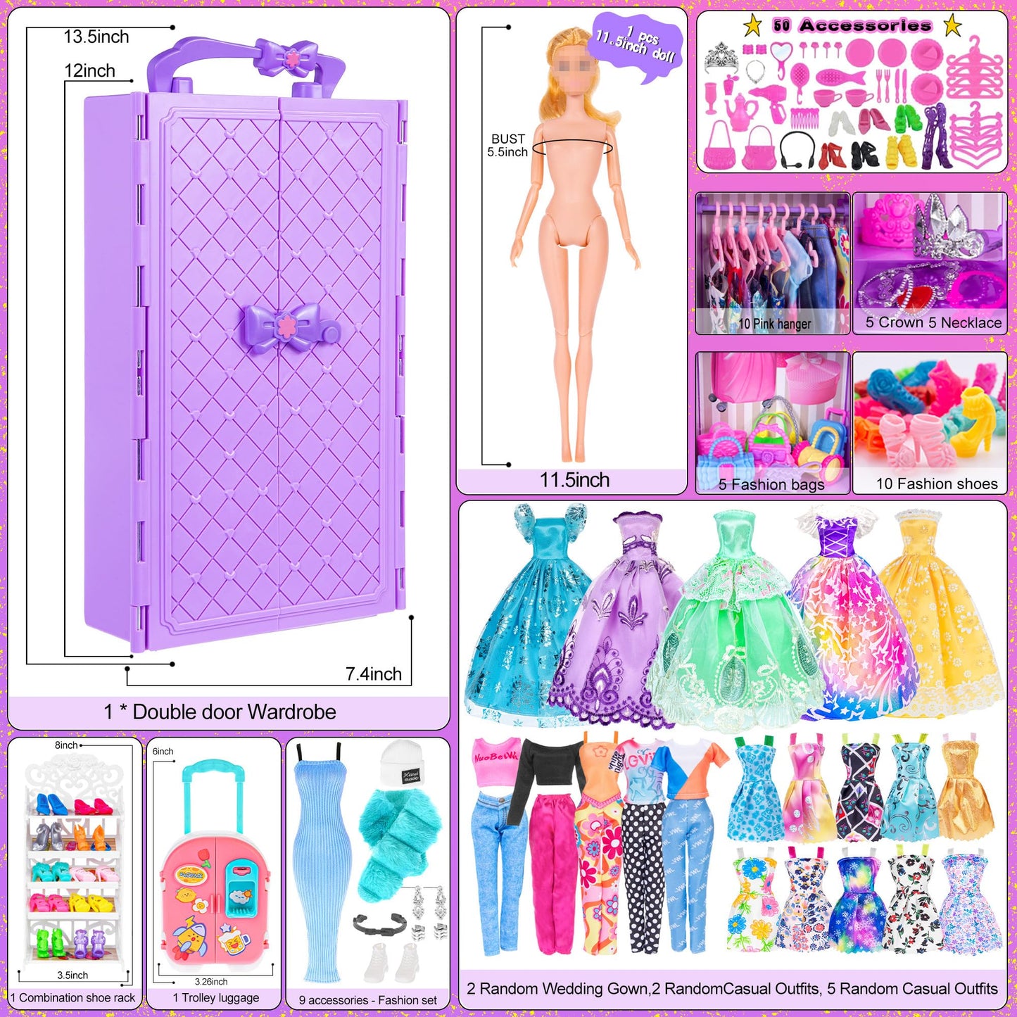 ebuddy 11.5 inch Doll Closet Playset with 106 pcs Clothes and Accessories for Girls 6-12 Including one Doll, Closet, Stylish Blue Set, Luggage, Shoe Rack, Wedding Gowns