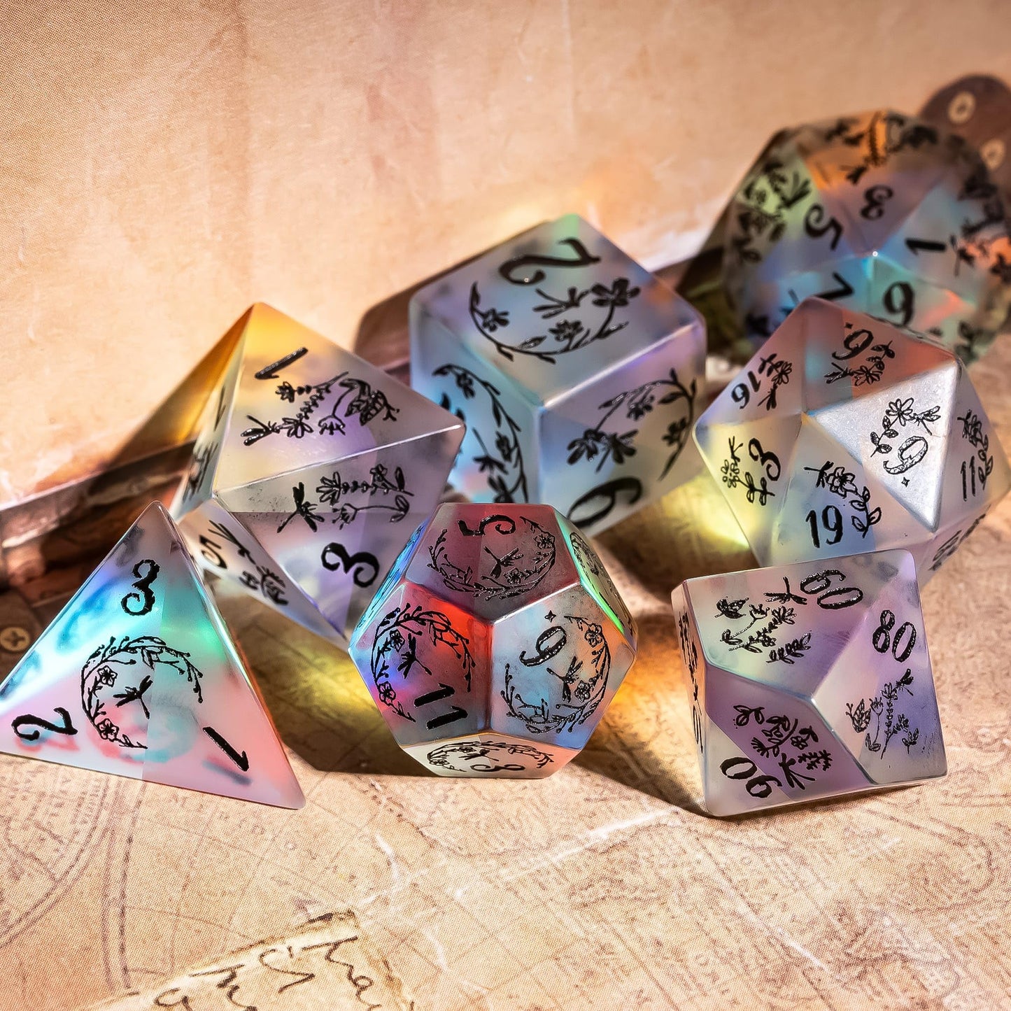 UDIXI Frosted Prism Glass Dice Set D&D RPG Dice Set with Leather Gift Box for Role Playing Games(Dragonfly and Flower)