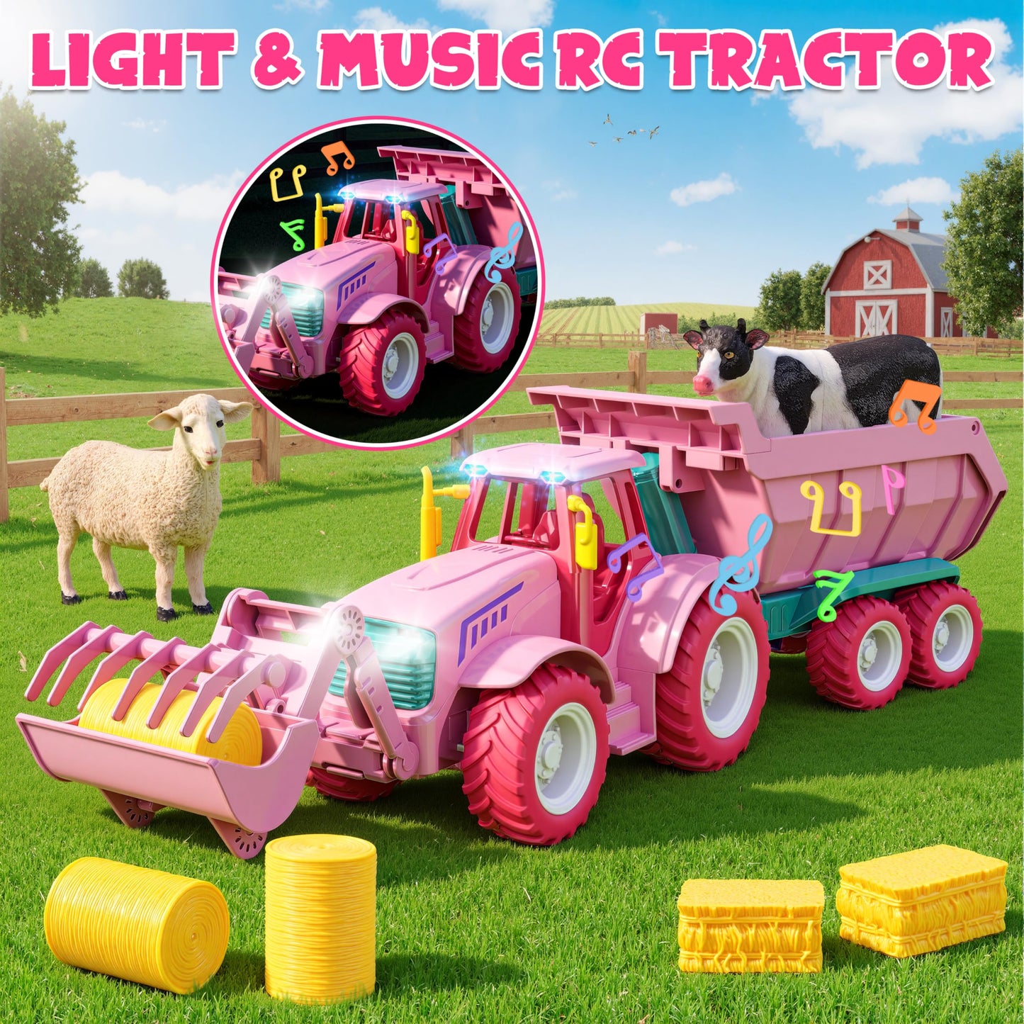Funwee RC Farm Tractor Toy w/Light & Music, Kids Trailer Toy w/Front Loader & Farm Animal, 2.4GHz RC Tractor Truck Car for Boys & Girls, Toddler Vehicle Playset Age 3-8+ Year Old Gifts (Pink)
