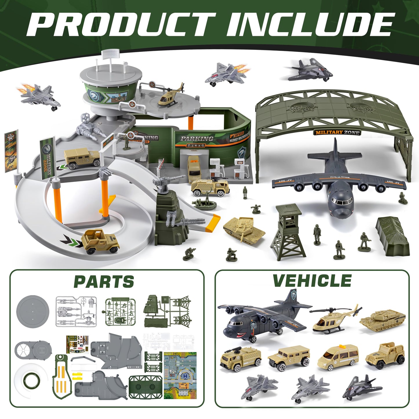 Military Base Toy Race Track Set with Airplane, Tanks, Cars, Helicopters, Fighter Jets, Army Men Action Figures and Play Mat, Army Vehicle Toys for Kids, Ideal Gift for Boys Girls