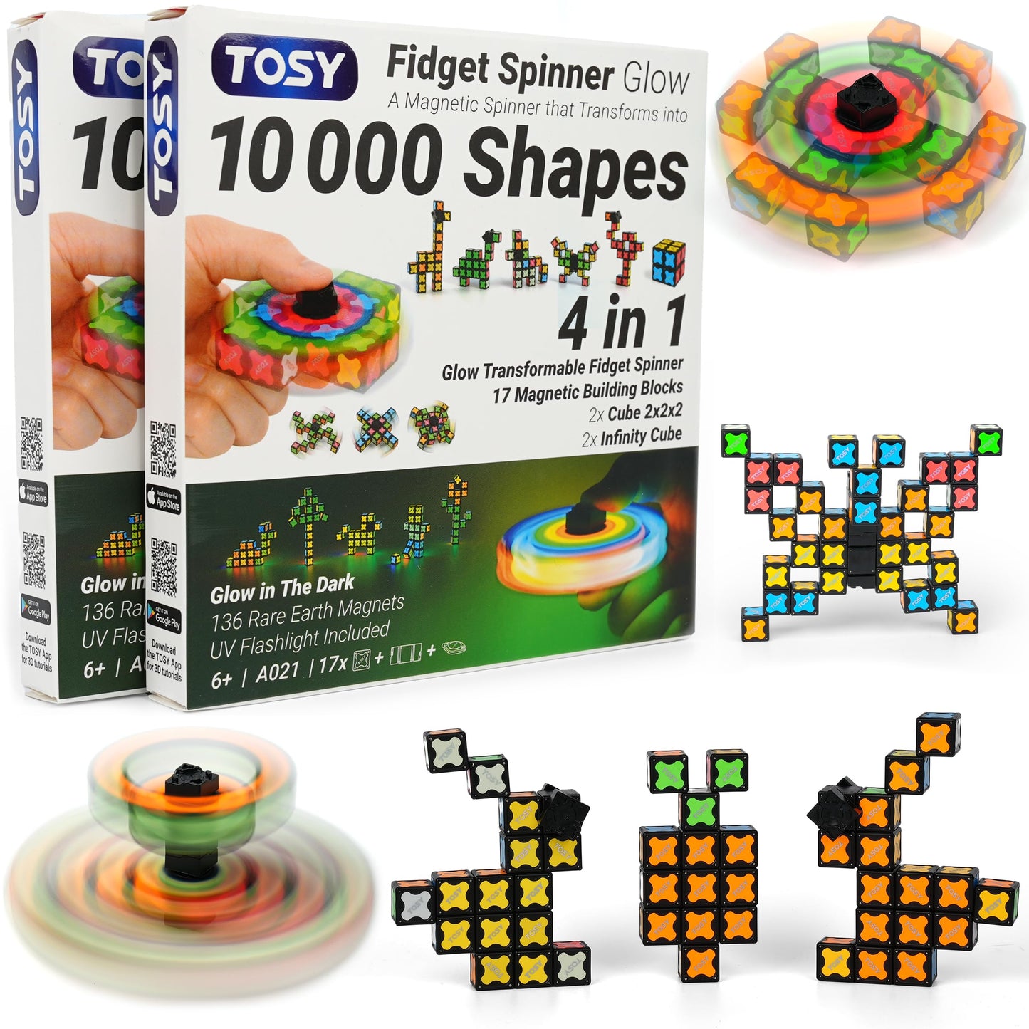TOSY Magnet Fidget Spinner Glow - 16 Blocks, 3in1 Toy: Transformable Fidget Spinner, Infinity/Puzzle Cube, Easter Basket Stuffers Gift for Kids/Adults, Glowing STEM Sensory Stress Relief, 2-Pack