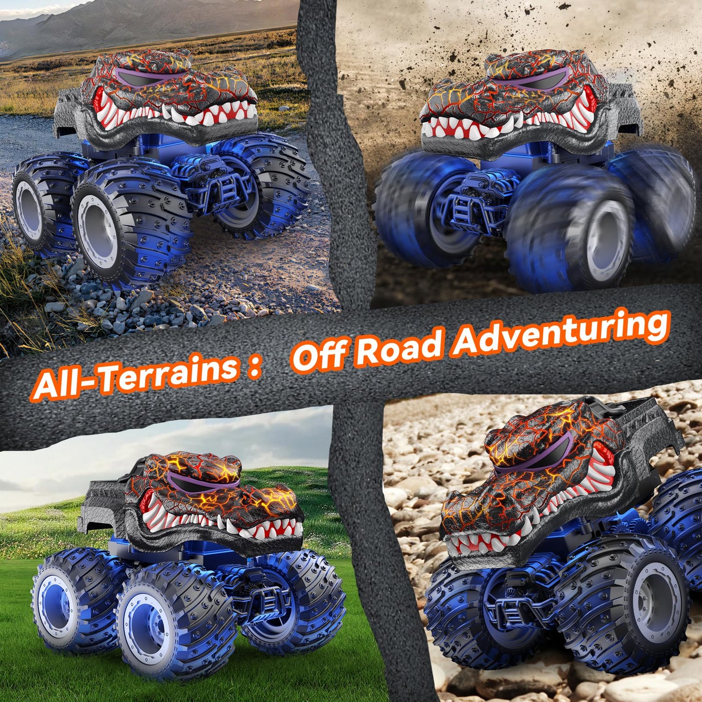 AUUGUU Remote Control Car, 2.4GHz Monster Trucks Toys with Light Spray, Birthday Gift for Kids 3 4 5 6 7 8, All Terrain RC Cars, Toddler Toys for Boys Girls 3+ Year Old (Crocodile)
