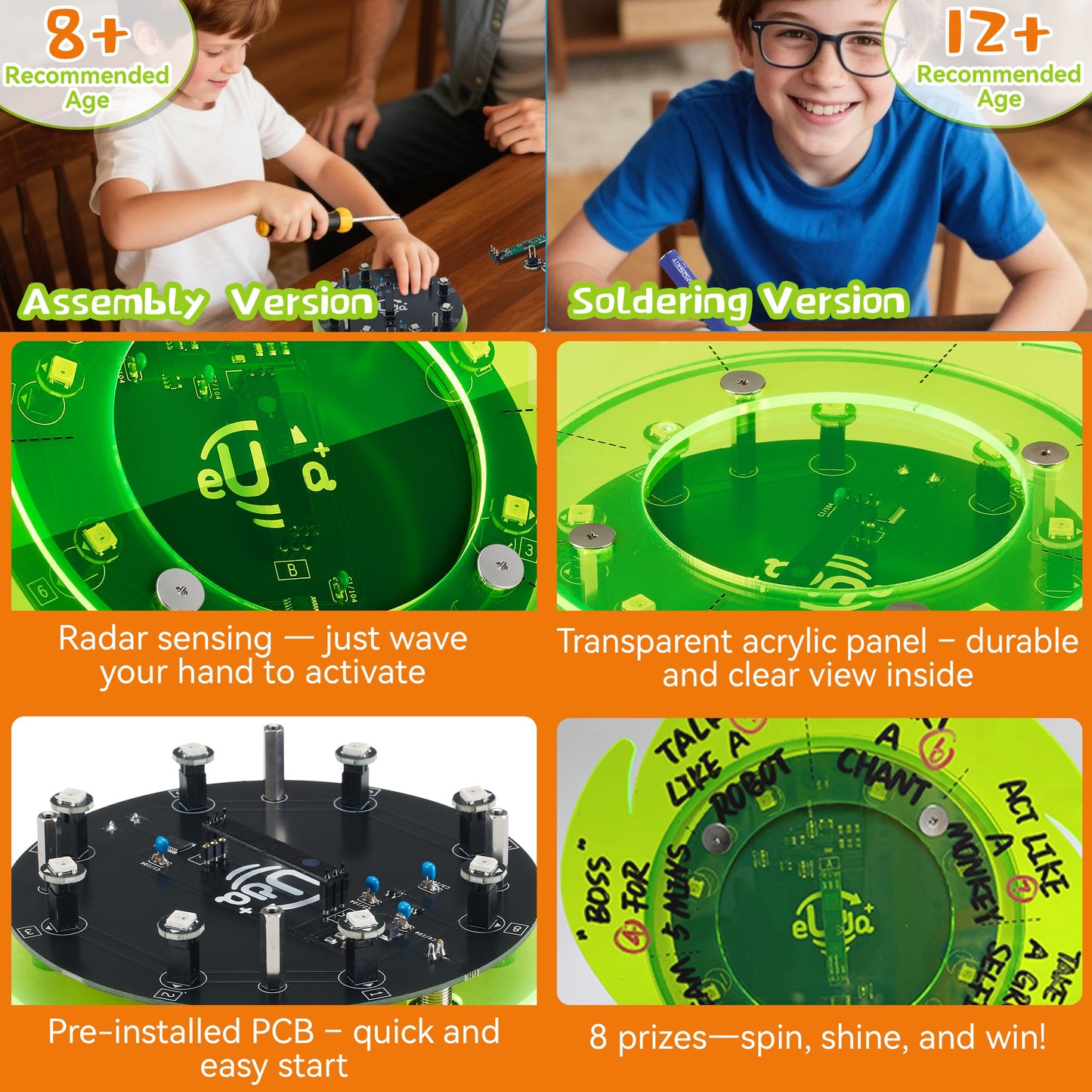 eUda+ STEM Interactive Lucky Wheel for 12-14-16-18+ Craft Kits for Teens 14-16 Stem Build Kits Ages 15-18 Physics Kits for 13-15 Year Old Soldering Practice Kit for Beginners (Soldering Version, RFG)