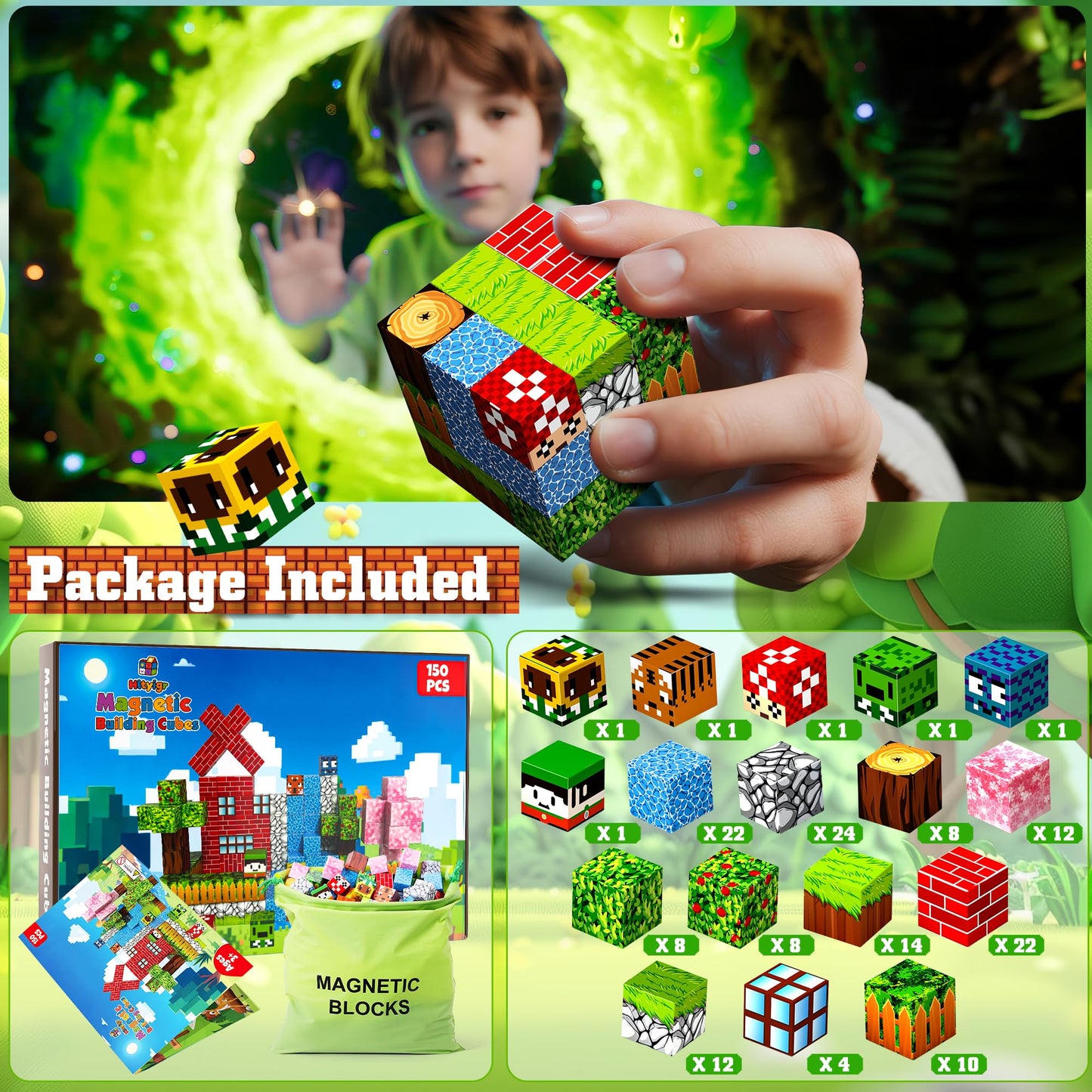 Hltyigr 150PCS Magnetic Blocks, Magnetic Building Blocks, Magnet Blocks Cubes, STEM Educational Stacking Magnet Toy for Kids Ages 3 4 5 6 7 8 9 10 11 12, Birthday Gifts for Boys, Girls - Forest World