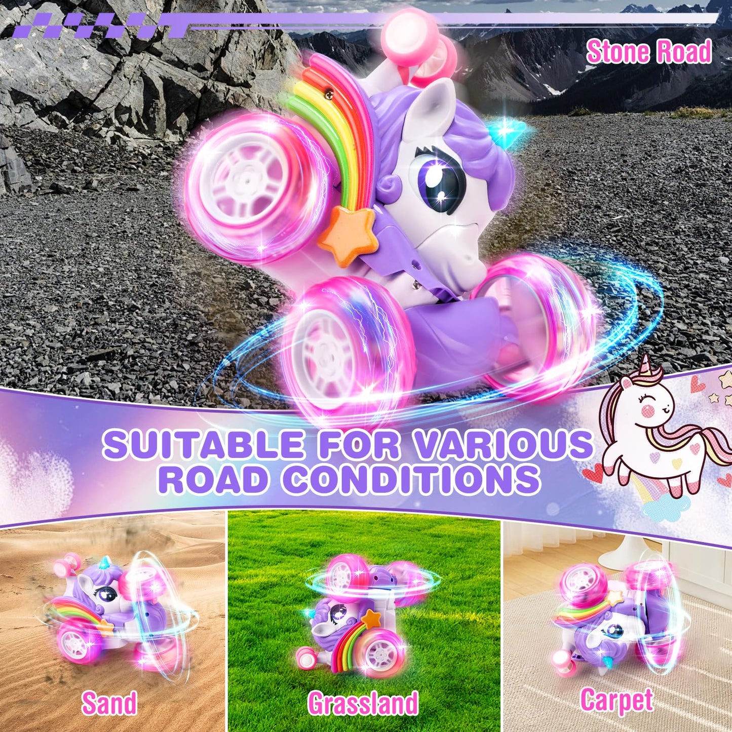 RUIDYA Unicorn Remote Control Car for Girls, 360°Rotating 4WD Stunt RC Cars for Boys with Lights, 2.4GHz Rechargeable Car Toys Gift for Toddler Kid Age 3 4 5 6+