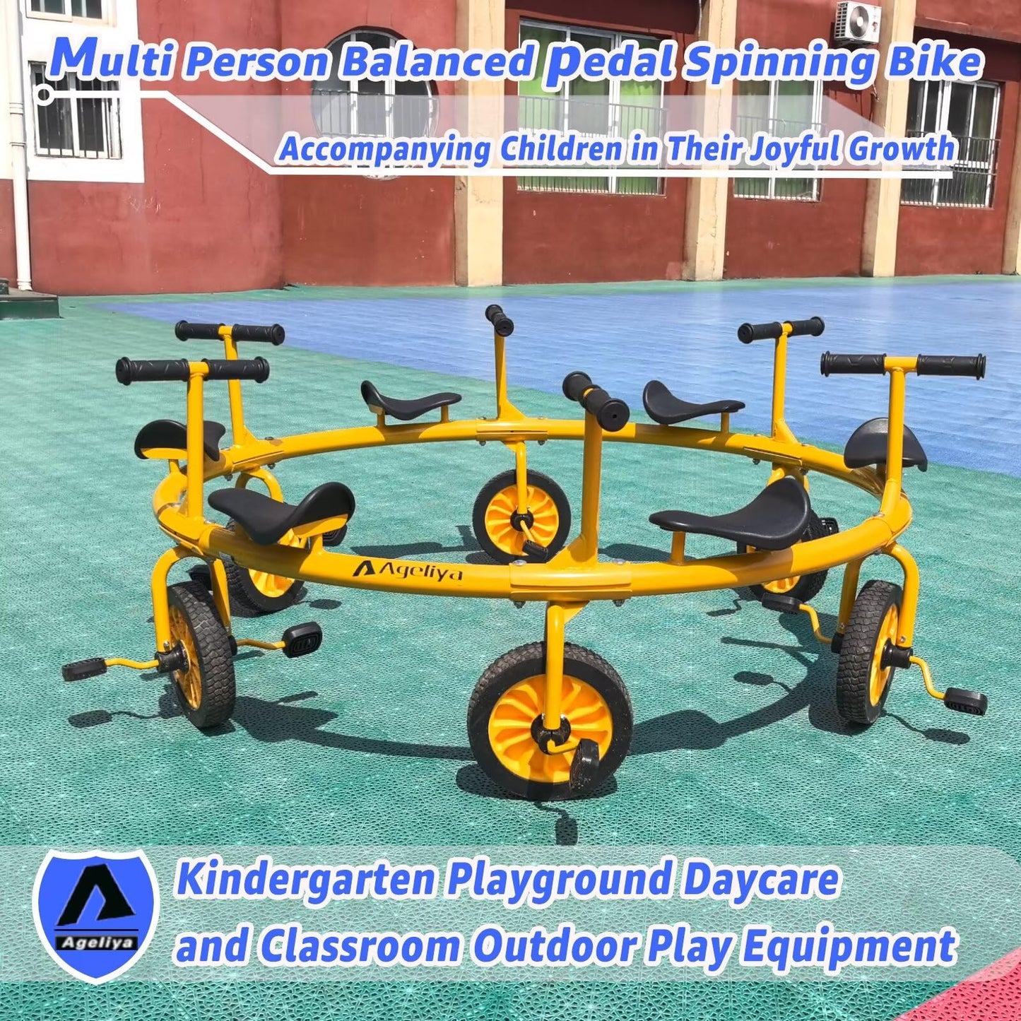 Ageliya Tricycle Merry Go Round Preschool Pedal Vehicles for Kids Aged 3+, Rotating Bike 6 Seats 360 Spin for Kindergarten Playground Daycare and Classroom Outdoor Play Equipment Yellow