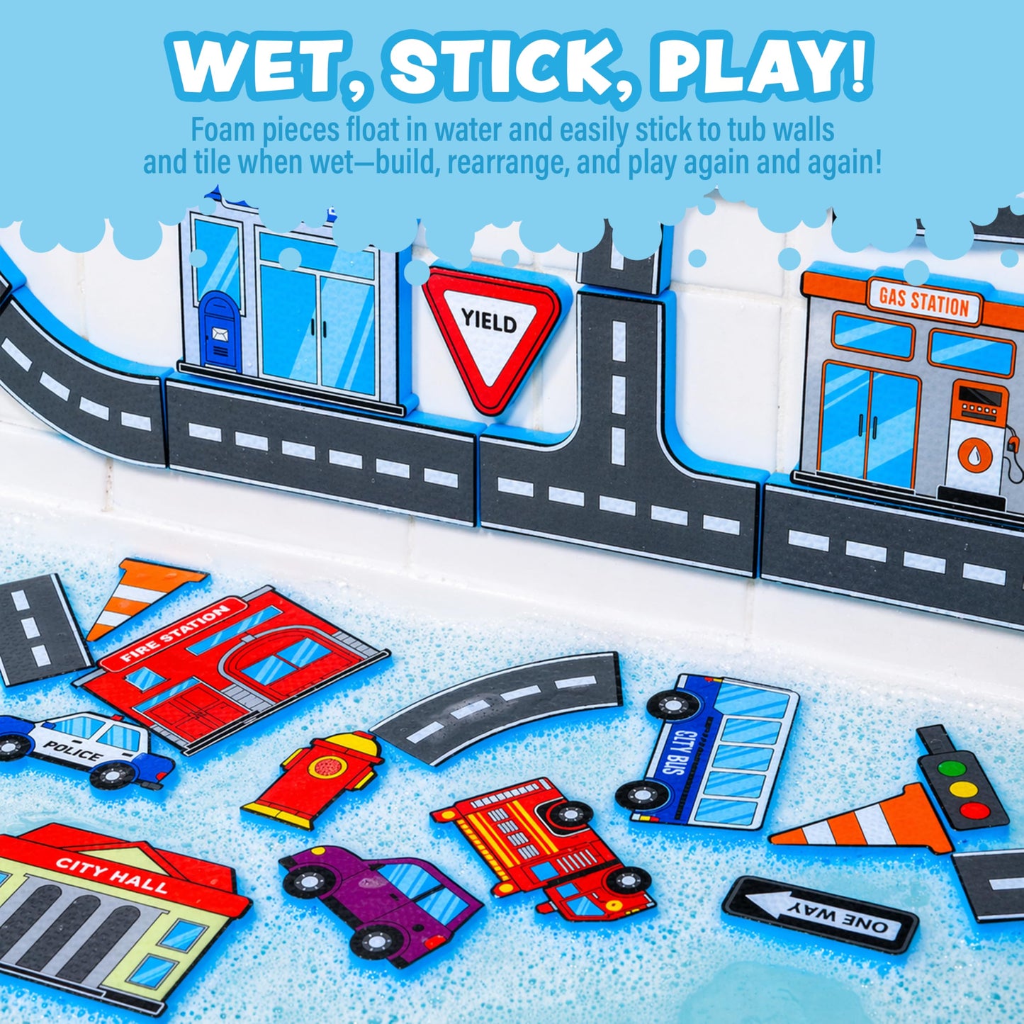 Tub Works® Tub City™ Stick, Build & Drive Toddler Bath Toy | 52 Foam Bath Stickers | Build a City with Roads, Buildings, Signs & Cars | Float & Stick to Tub Walls | Creative Bathtub Toys for Kids Bath
