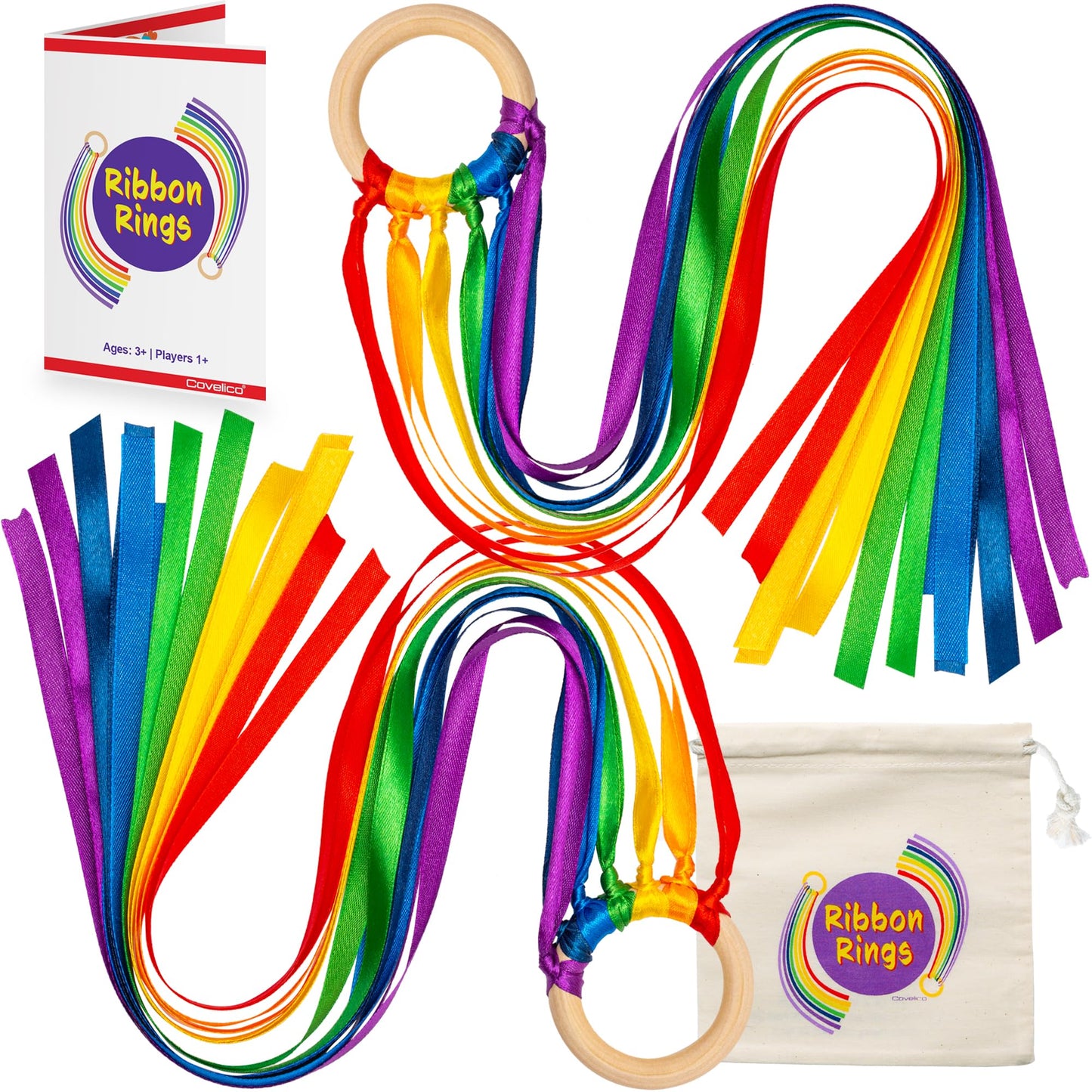 Covelico Rainbow Hand Ribbon Kite, 2 x Montessori Inspired Ribbon Toy, Each Wooden Rings with 7 Bright Rainbow Streamers, Waldorf Sensory String Toys for Kids & Gymnastics Dance Ribbons for Toddlers