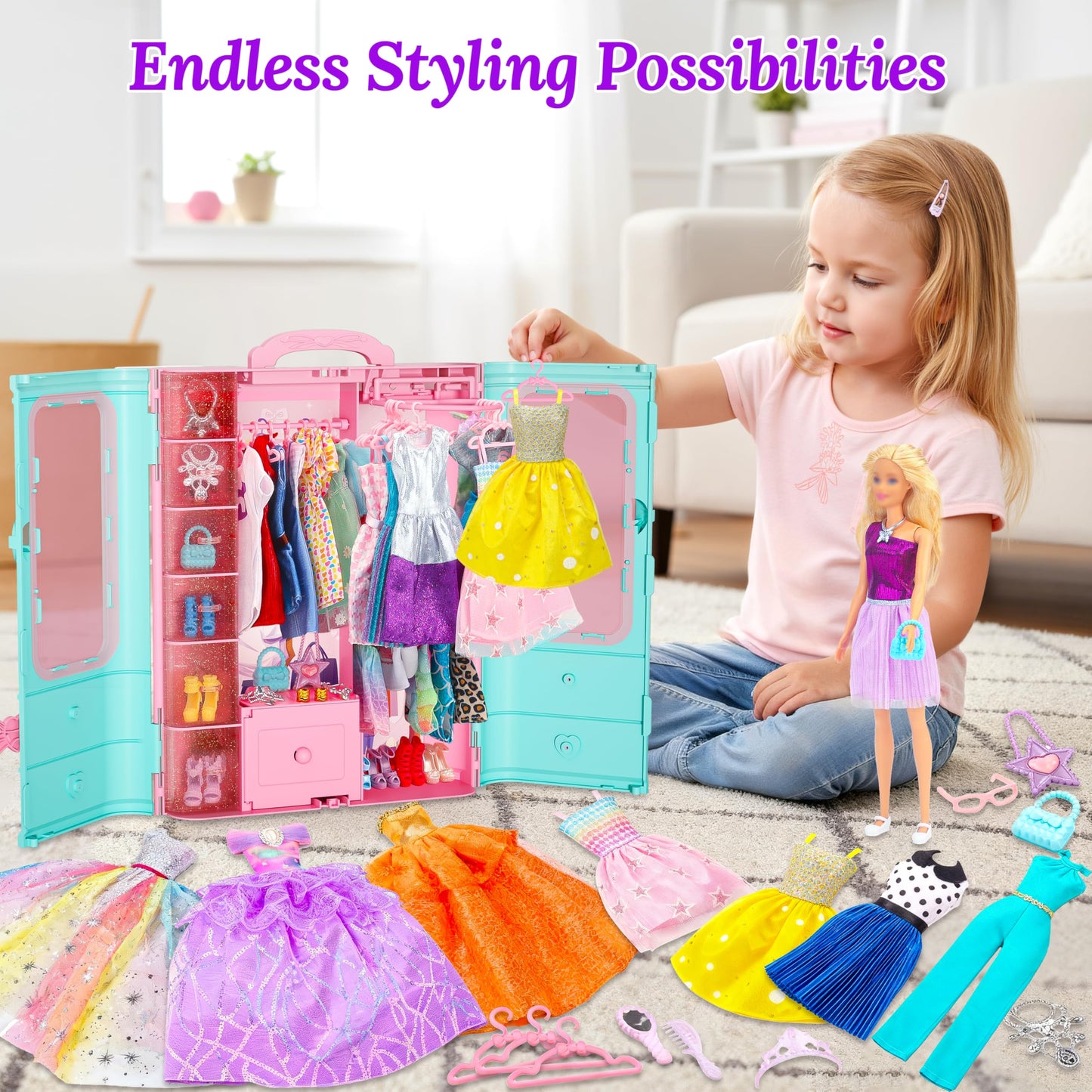 Style Shine 70 Pcs Doll Closet with Clothes & Accessories Including 2 Wedding Gowns 6 Fashion Dresses 2 Casual Outfits 2 Swimsuit 10 Shoes 20 Hangers 27 Accessories,Dress up Toys for Girls Kids Gifts