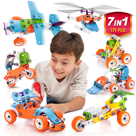 STEM Building Toy for 7-12 Year Old Boys - 7-in-1 Models Kids Love to Build and Play - 171Pcs Construction Set with Engineering Activity Kit - Best Birthday Gift Toy