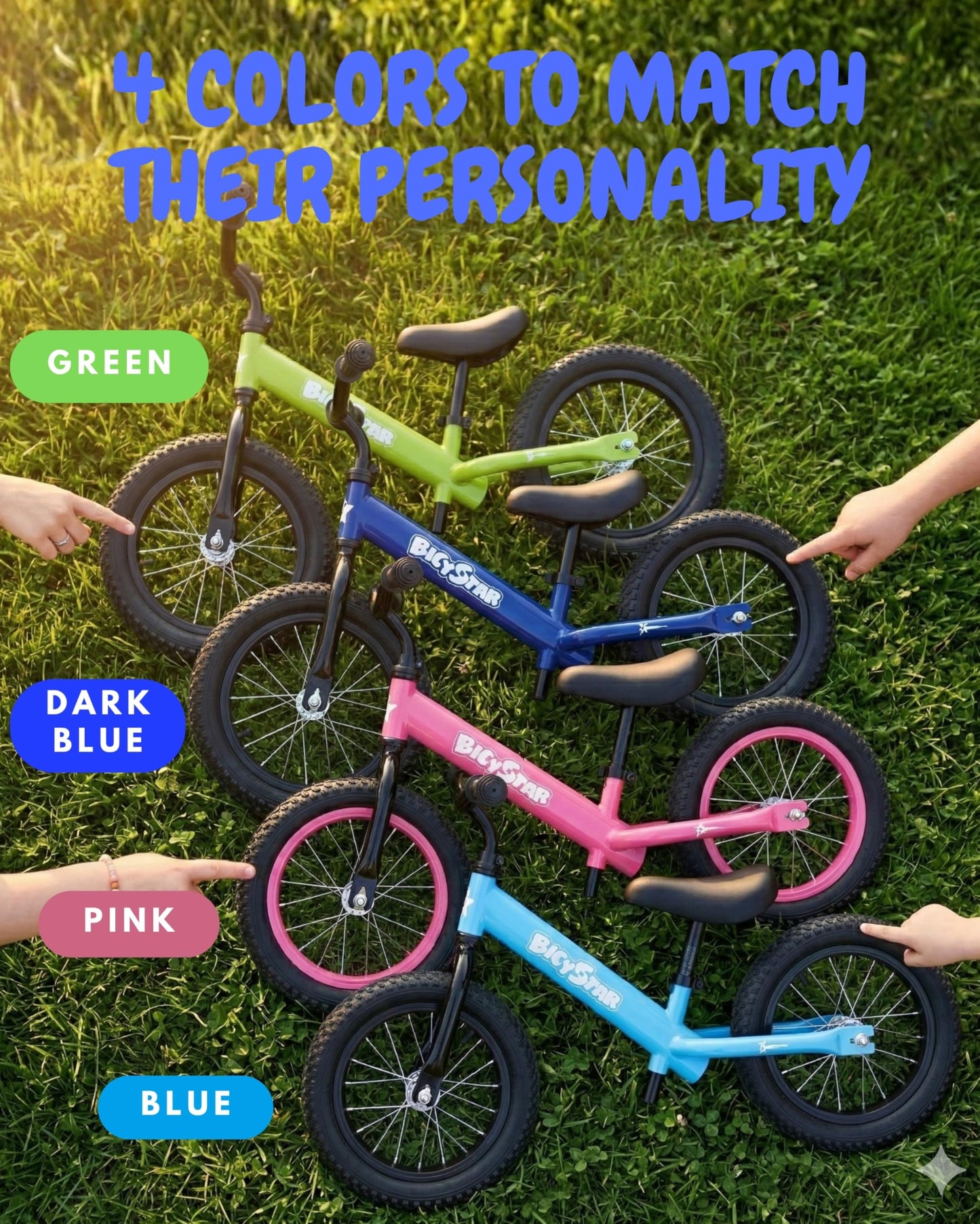 Bicystar 14 Inch Balance Bike for Kids 3-6 Year Old, No Pedals, Air Rubber Tires, Adjustable Height, Pedalless Bicycle for Boys, Girls, Dark Blue