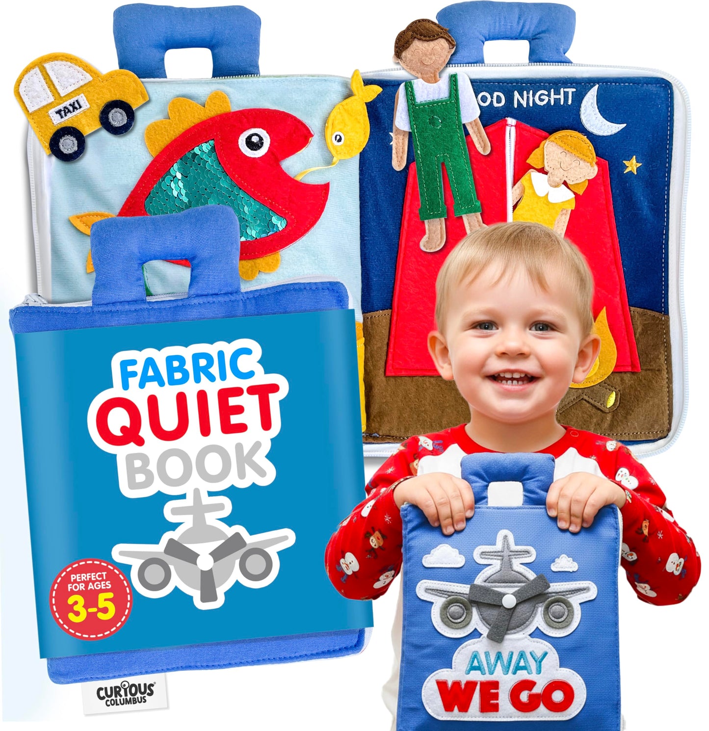 Curious Columbus Quiet Book – Away We Go Busy Book for Kids, Montessori Airplane Travel Toy for Preschool and Early Learning