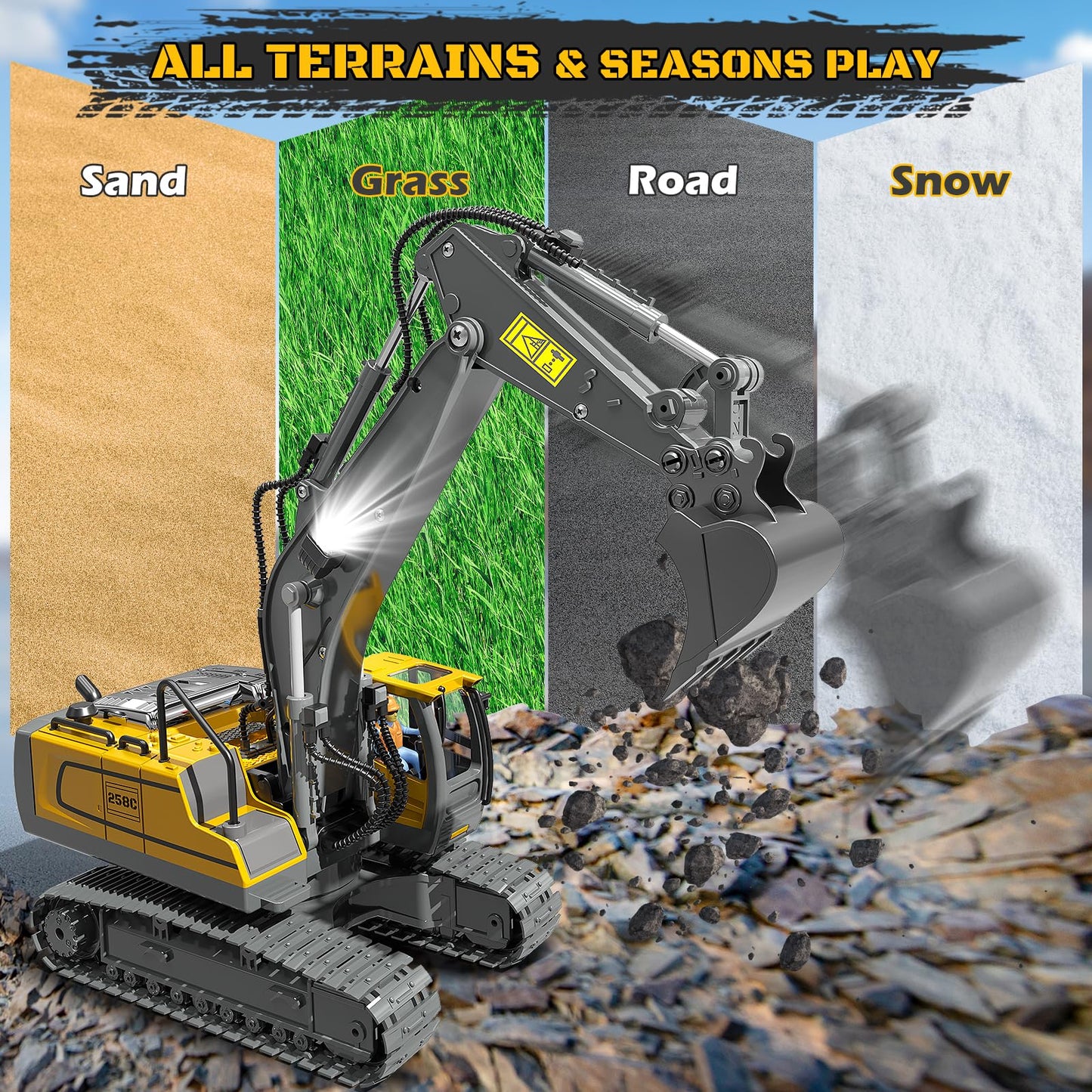 Remote Control Excavator Toy RC Play Excavator Construction Vehicles, 11CH 2.4Ghz RC Sand Digger with Metal Shovel & Light, Construction Truck Toys for Boys 3 4 5 6 7 8-12 Year Old Kids Birthday Gifts