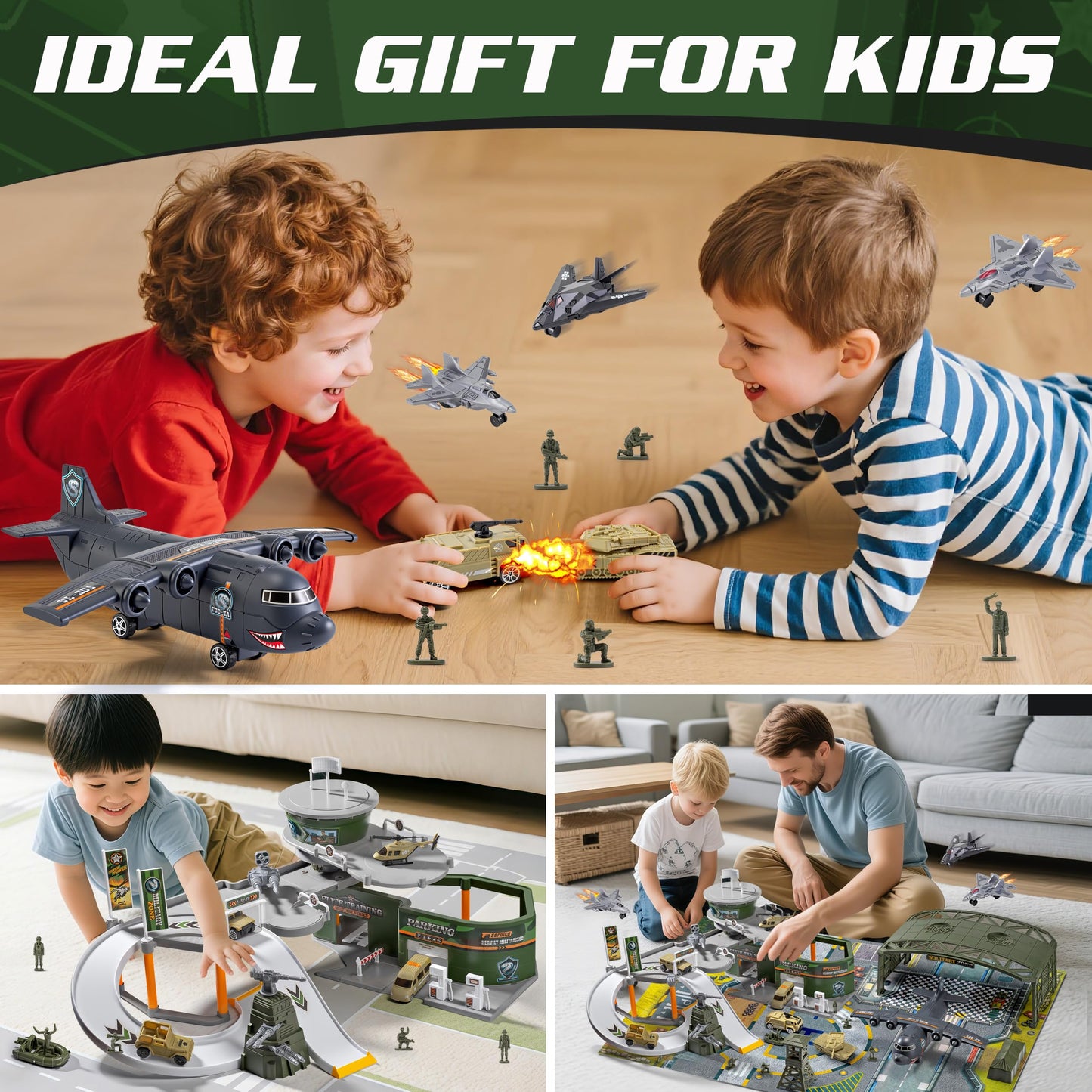 Military Base Toy Race Track Set with Airplane, Tanks, Cars, Helicopters, Fighter Jets, Army Men Action Figures and Play Mat, Army Vehicle Toys for Kids, Ideal Gift for Boys Girls