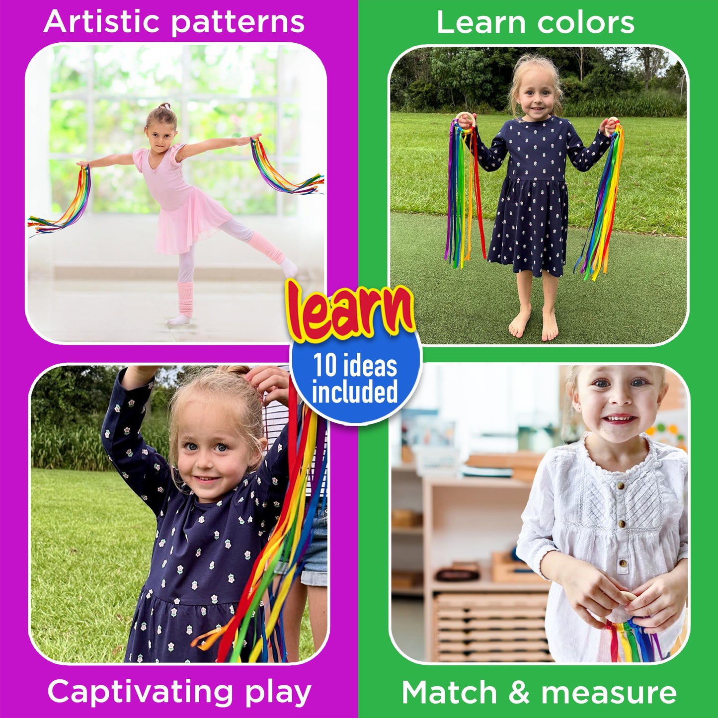 Covelico Rainbow Hand Ribbon Kite, 2 x Montessori Inspired Ribbon Toy, Each Wooden Rings with 7 Bright Rainbow Streamers, Waldorf Sensory String Toys for Kids & Gymnastics Dance Ribbons for Toddlers