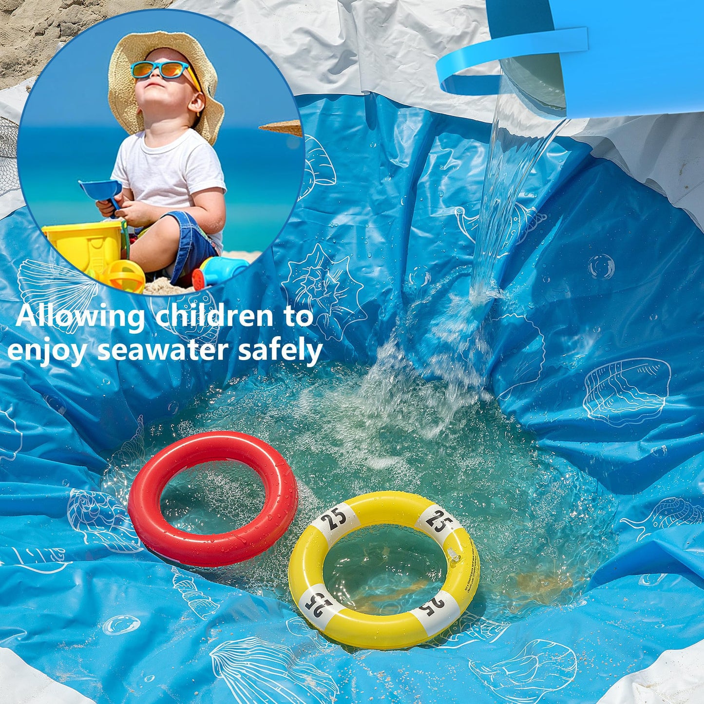 6.5 x 6.5 Feet Baby Beach Pool-Waterproof Kid Pool and Beach Blanket-2 in 1 PVC Toddler Paddling Pool for Infant Kids Boys and Girls