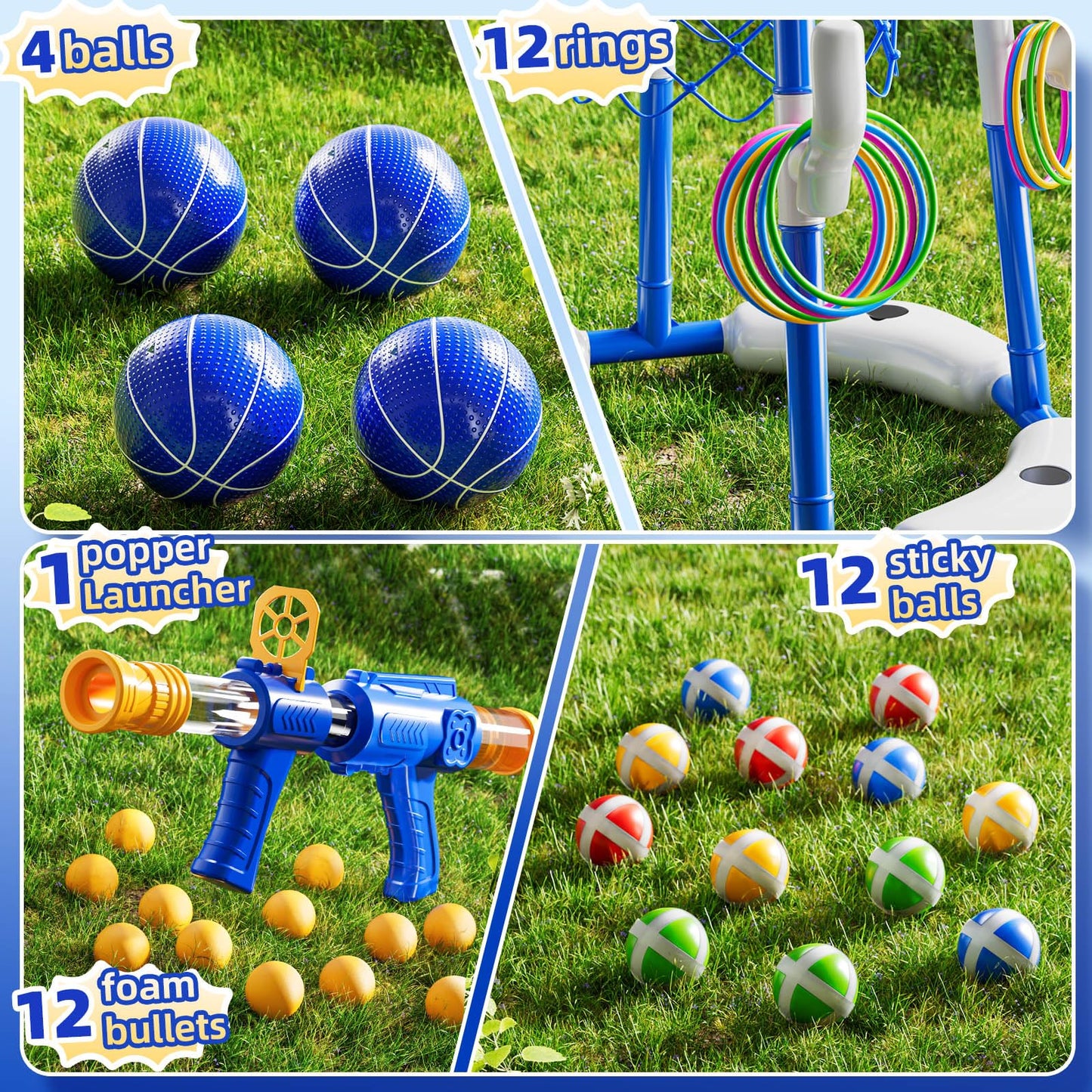 NIPLOOOW Pool Basketball Hoop, 4-in-1 Floating Pool Toys Ring Game with 4 Balls, Air Pump Launcher and Sticky Balls, Outdoor Swimming Pool Basketball Game Water Toy Family Party for Kids Age 3-12