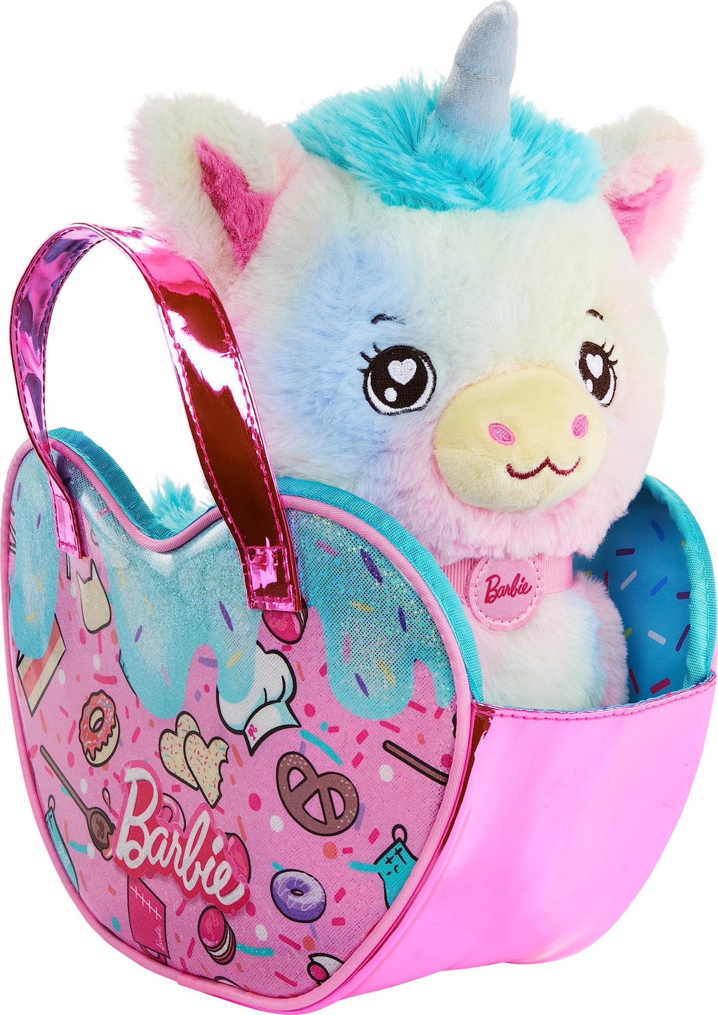 Barbie Stuffed Animals, Unicorn Toys, Plush Unicorn with Dessert-Themed Purse Playset and 5 Accessories, Chef Pet Adventure