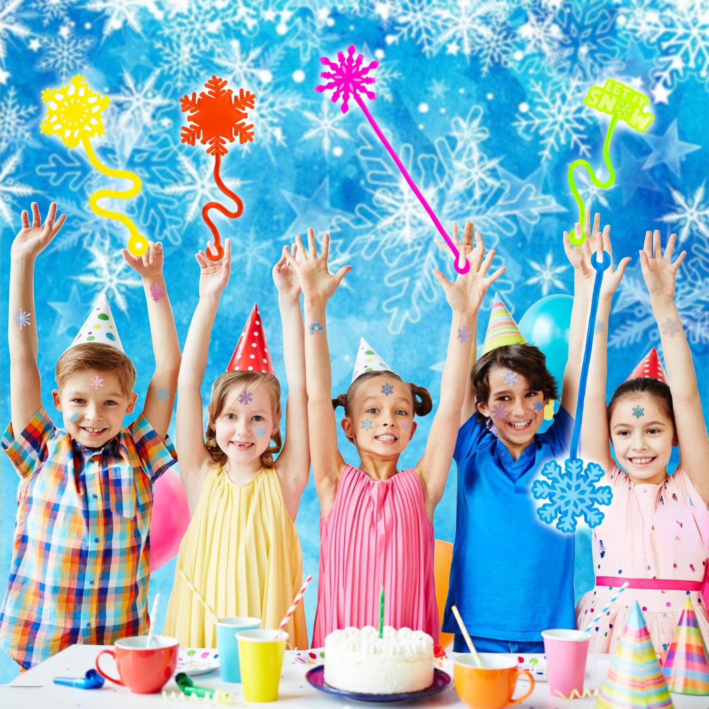 48PCS Snowflake Party Favors - 24PCS Temporary Tattoos & 24PCS Stick Hands Party Favors - Perfect Birthday Favors, Goodie Bag Stuffers, Treasure Box Toys, Classroom Prizes, and Student Gifts
