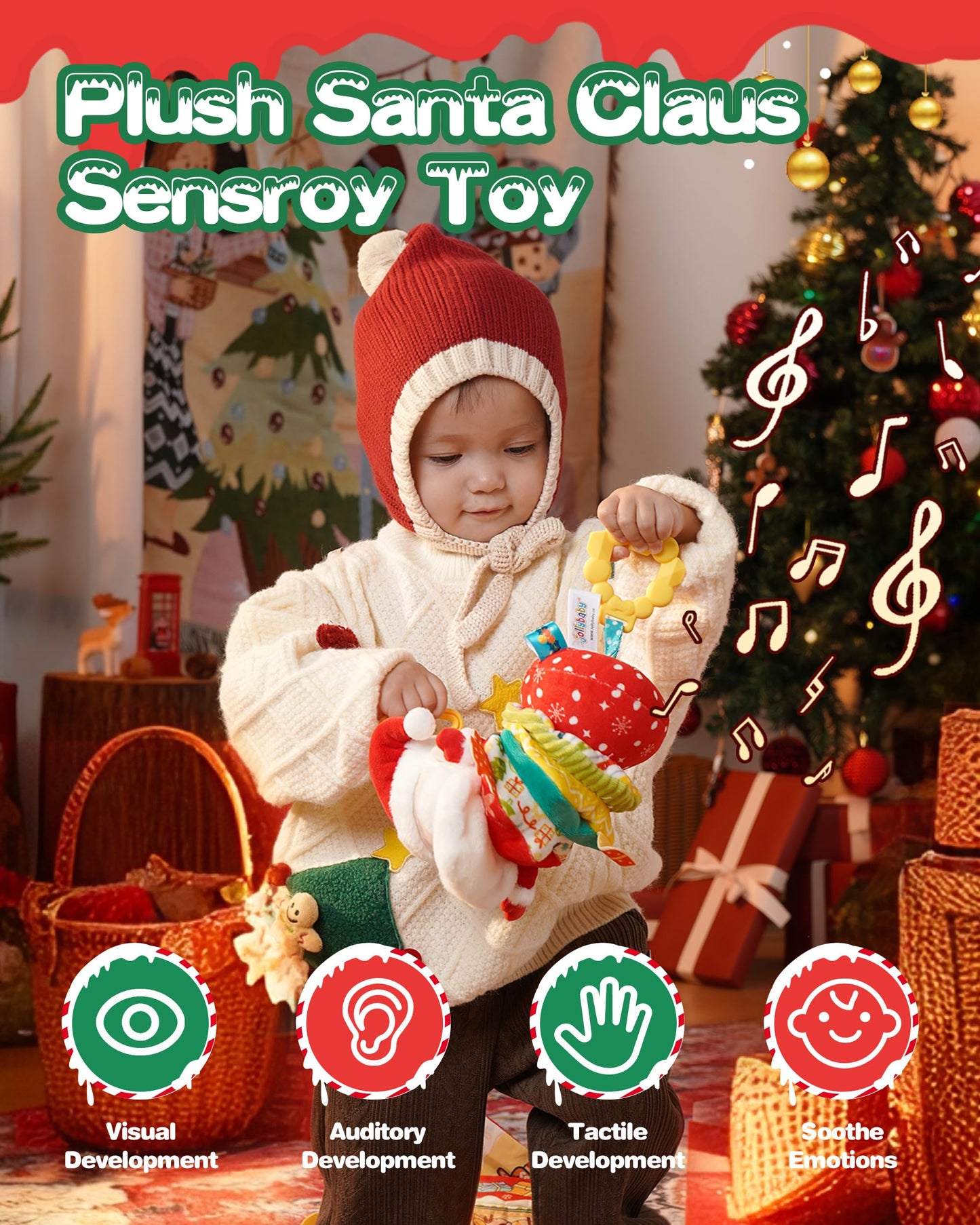 Jollybaby Car Seat Stroller Crib Hanging Toy for Baby 6-12-18-36 Months, My Baby First Christmas Santa Claus Musical Pull String Toys, Tummy Time Infants/Newborns Easter Gifts for Boy and Girl