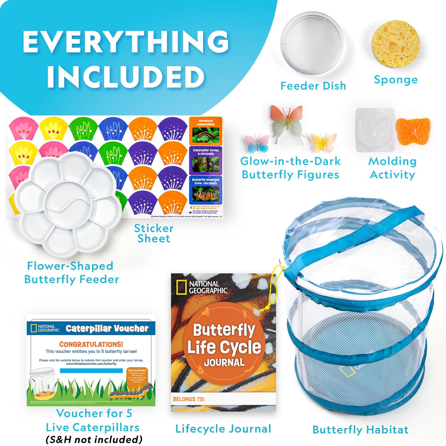 National Geographic Ultimate Butterfly Growing Kit – Butterfly Habitat Kit with Voucher to Redeem 5 Caterpillars (S&H Not Included), Glow-in-The-Dark Figures, Hands-On Activity, Outdoor Toys