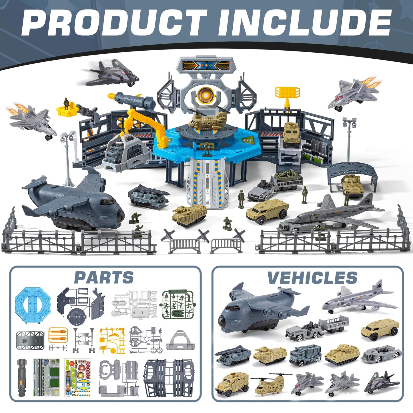 Military Airplane Toy, Army Toys Military Base Set with 14 Vehicles Plane Tank Trucks Helicopter Fighter Jet, Airport Play Mat with Army Men Action Figures and Accessories, Birthday Gift for Kids