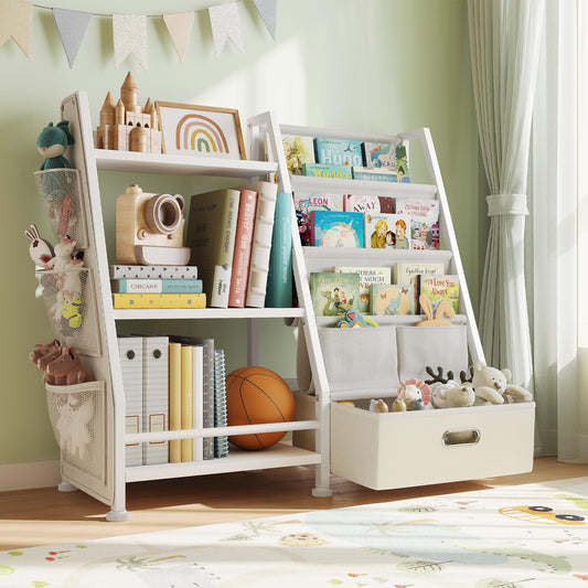 Kids Bookshelf and Toy Storage Organizer: White Book Shelf for Kids Room with Drawer to Storage Books and Toys Organizer - 3 Tire Toddler Bookshelf with 3 Side Pockets for Nursery, Bedroom, Playroom