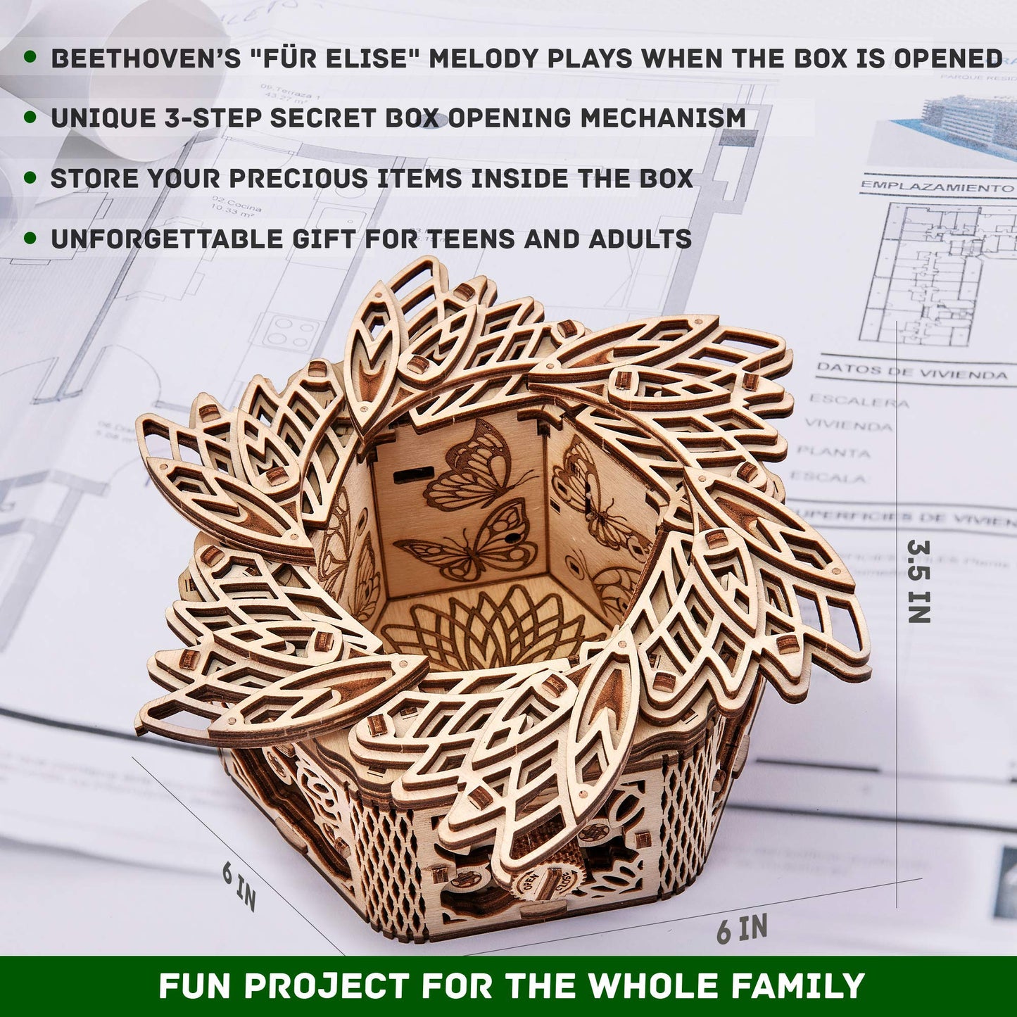 Wood Trick Mystery Flower Für Elise Wooden Music Box Kit - Keepsake & Jewelry Box - 3D Wooden Puzzle for Adults to Build - DIY