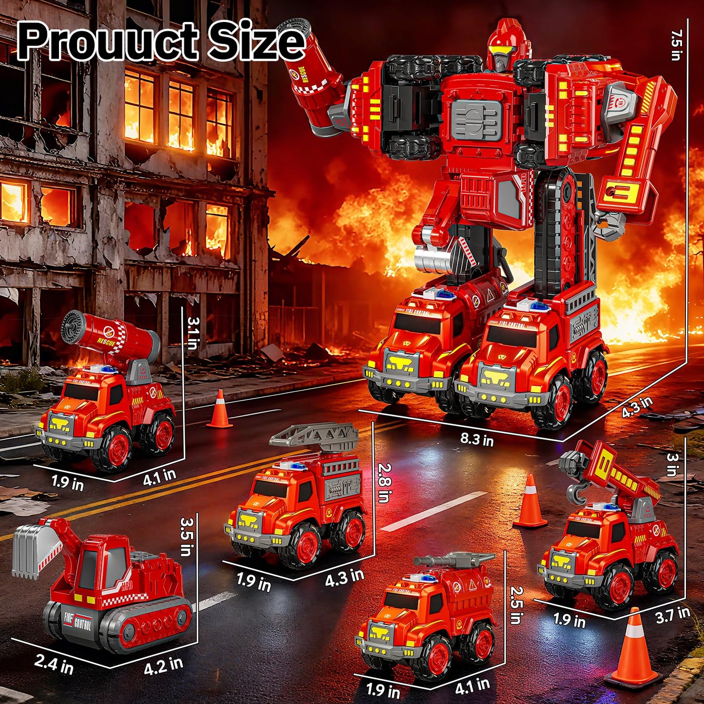 KIZONLY Transform Toys for Boys 4-6, 5 in 1 Take Apart Toys for Boys 3-5, Fire Firetruck Transforming Assembling Robot Toy for Kids, Educational Birthday Gift for 4 5 6 7 8 Year Old Boy Girls