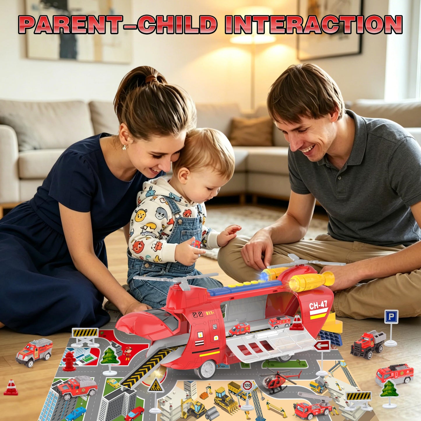 Transport Airplane Toy with 7 Rescue Vehicles/helicopter,1 Play Mat,14 Road Signs,Dual Form Airplane Toy Set with Lights and Sounds,Automatic Propellers, Cars Ejection, Gift for Boys and Girls Age 3+