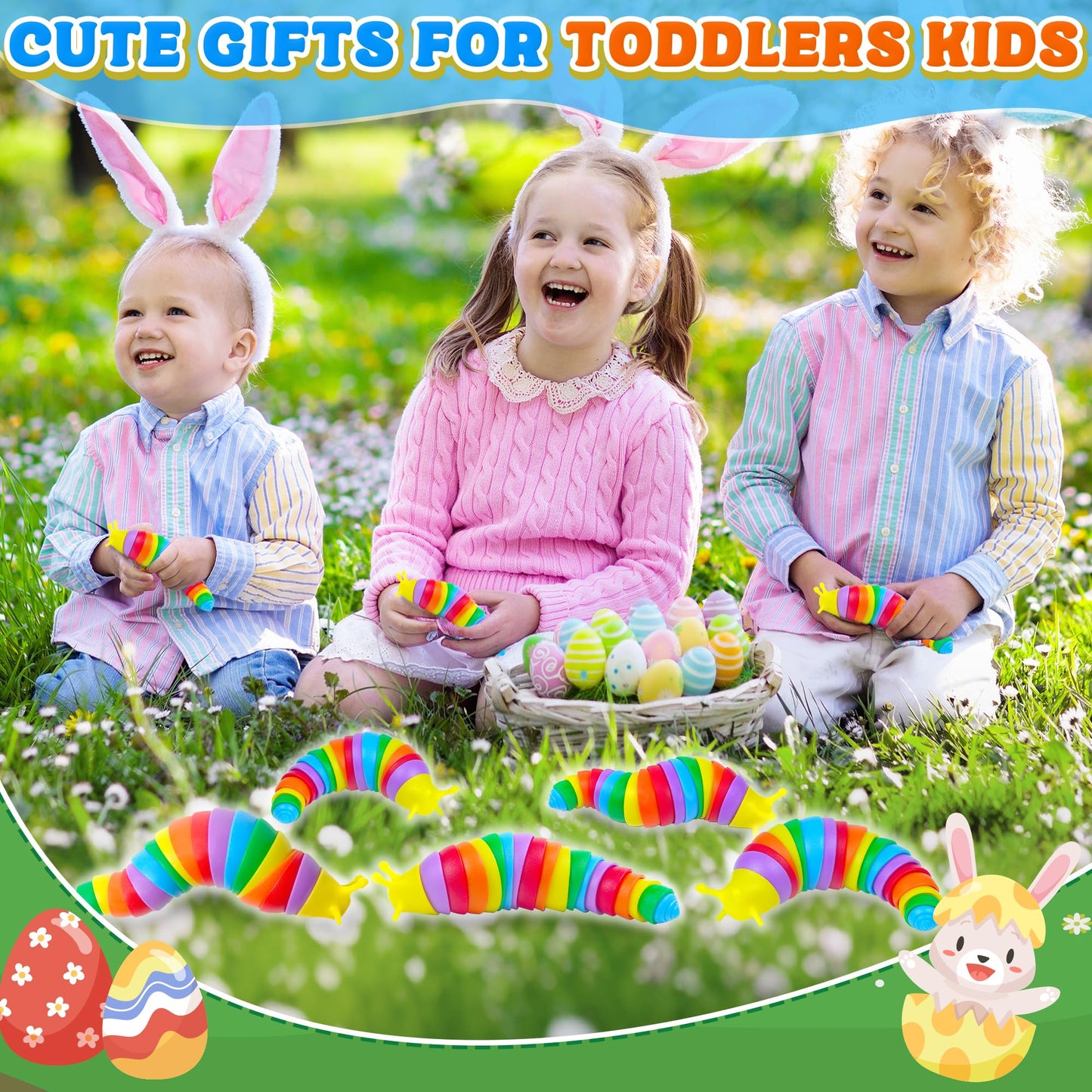 Easter Basket Stuffer for Toddler Kids, Baby Fidget Slug Sensory Toys Pack 6PCS Airplane Travel Activities Road Trip Car Toy Autism Autistic ASMR Stuff Restaurant Adult ADHD Worm Valentines Day Gift