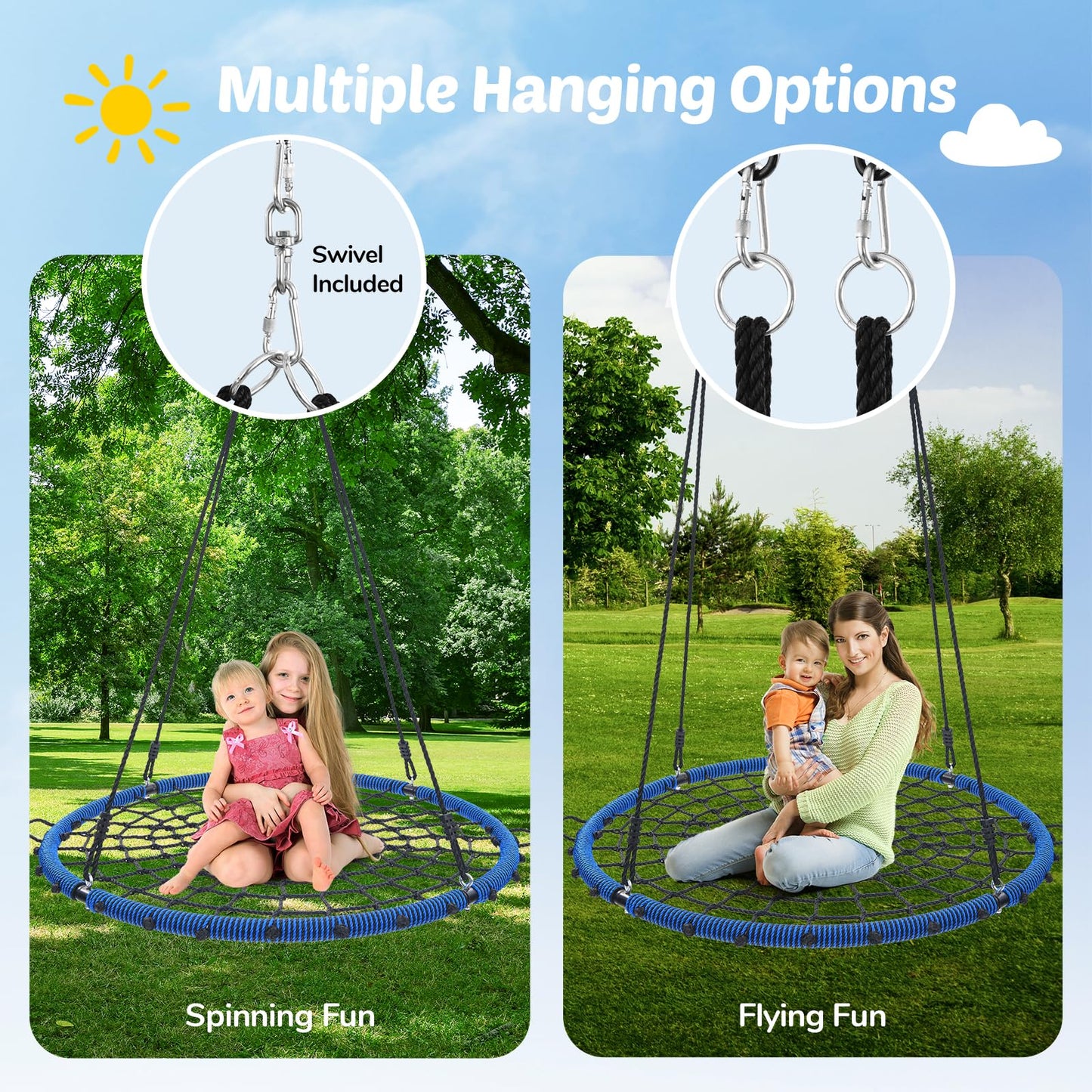 Trekassy 45" 750lbs Spider Web Tree Swing for Kids & Adults, Outdoor Steel Frame Saucer Net Swing with Swivel, Adjustable Ropes + 2 Tree Hanging Straps - Blue (Patented)