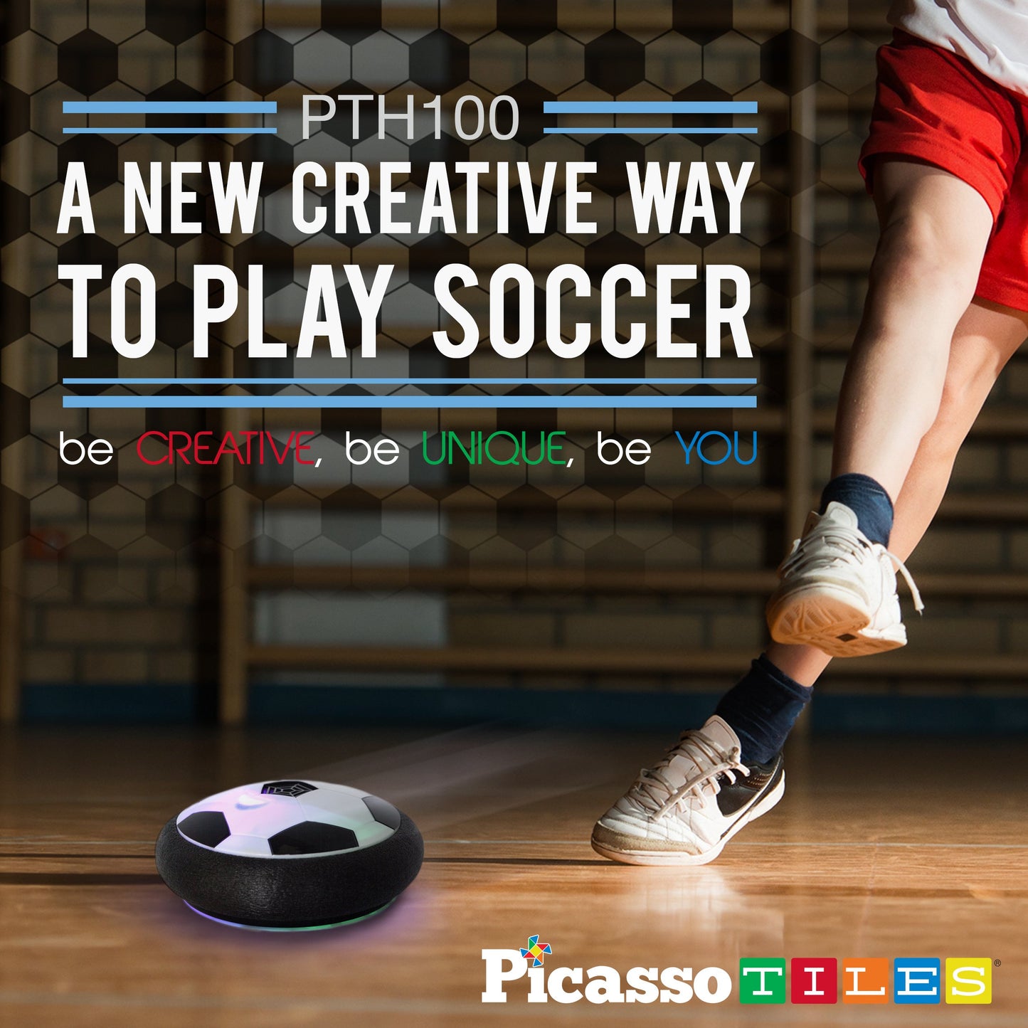 PicassoTiles Hoverball Air Hockey Soccer Floating Disc with LED Light Airlift Power Soft Bumper Indoor Gliding Toy Battery Operated Movement Training Game for Physical Activity Kids Age 3 Plus PTH100