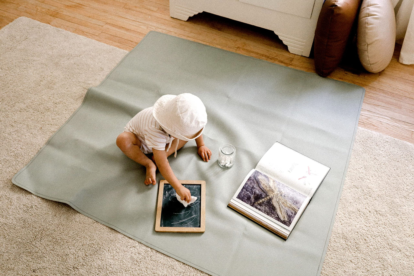 Uniklook Vegan Leather Mat Multipurpose Playmat Kids Infant Picnic Blanket - Waterproof Baby Splat mat for High Chair Sand Proof Beach Blanket Indoor Outdoor (Sage+Dawn Blue)